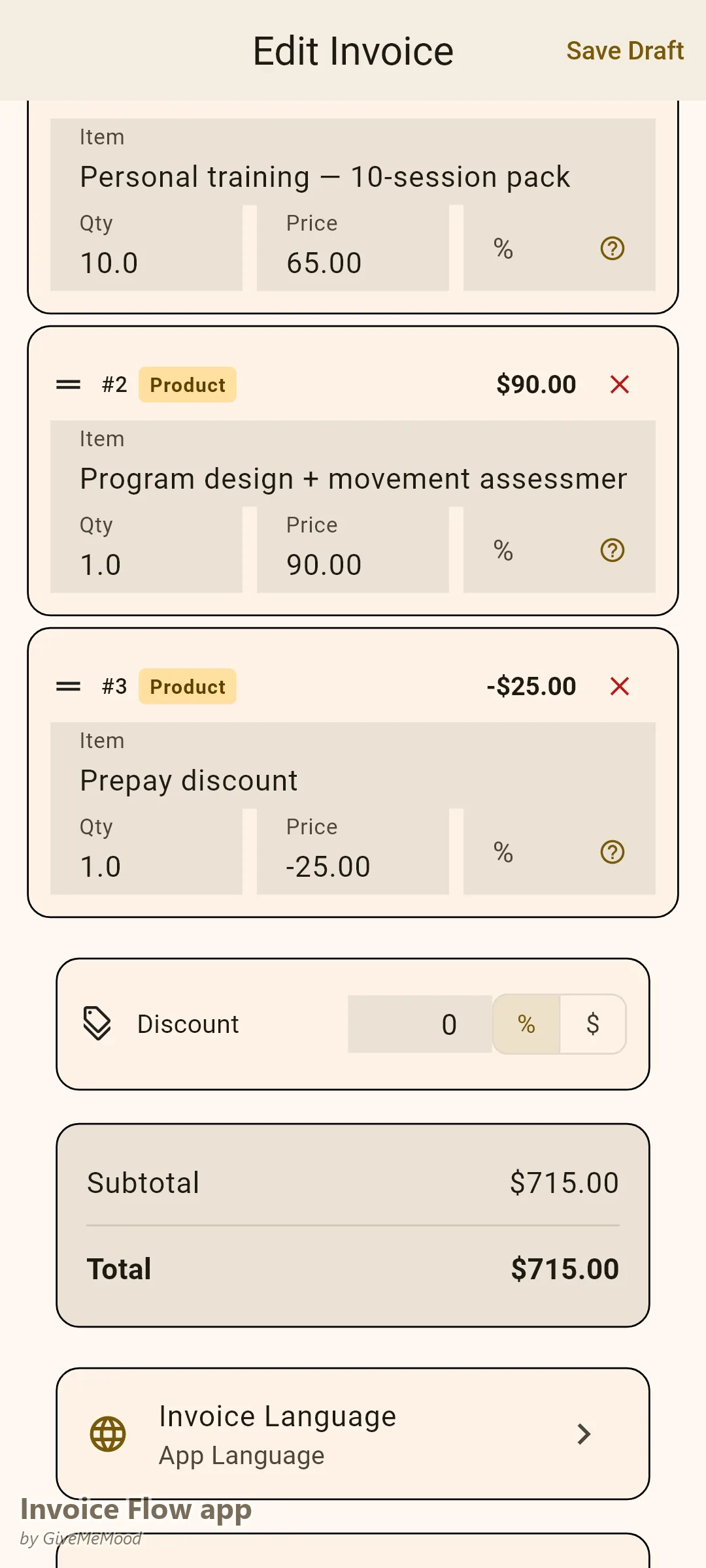 Invoice Flow app invoice editor of a personal trainer — a 10-session pack, movement assessment and prepay discount with validity and cancellation policy documented