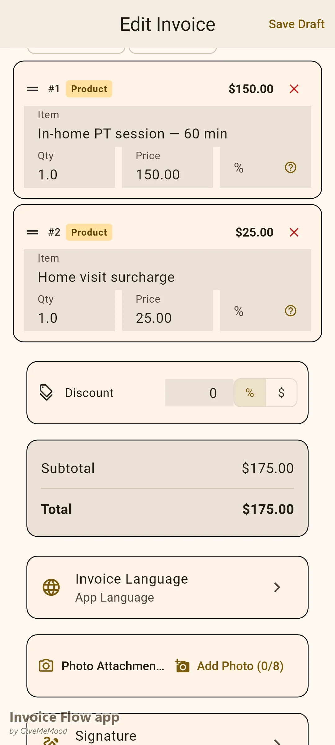 Invoice Flow app invoice editor of a physical therapist — an in-home session plus home-visit surcharge with NPI, license and HSA eligibility in custom fields