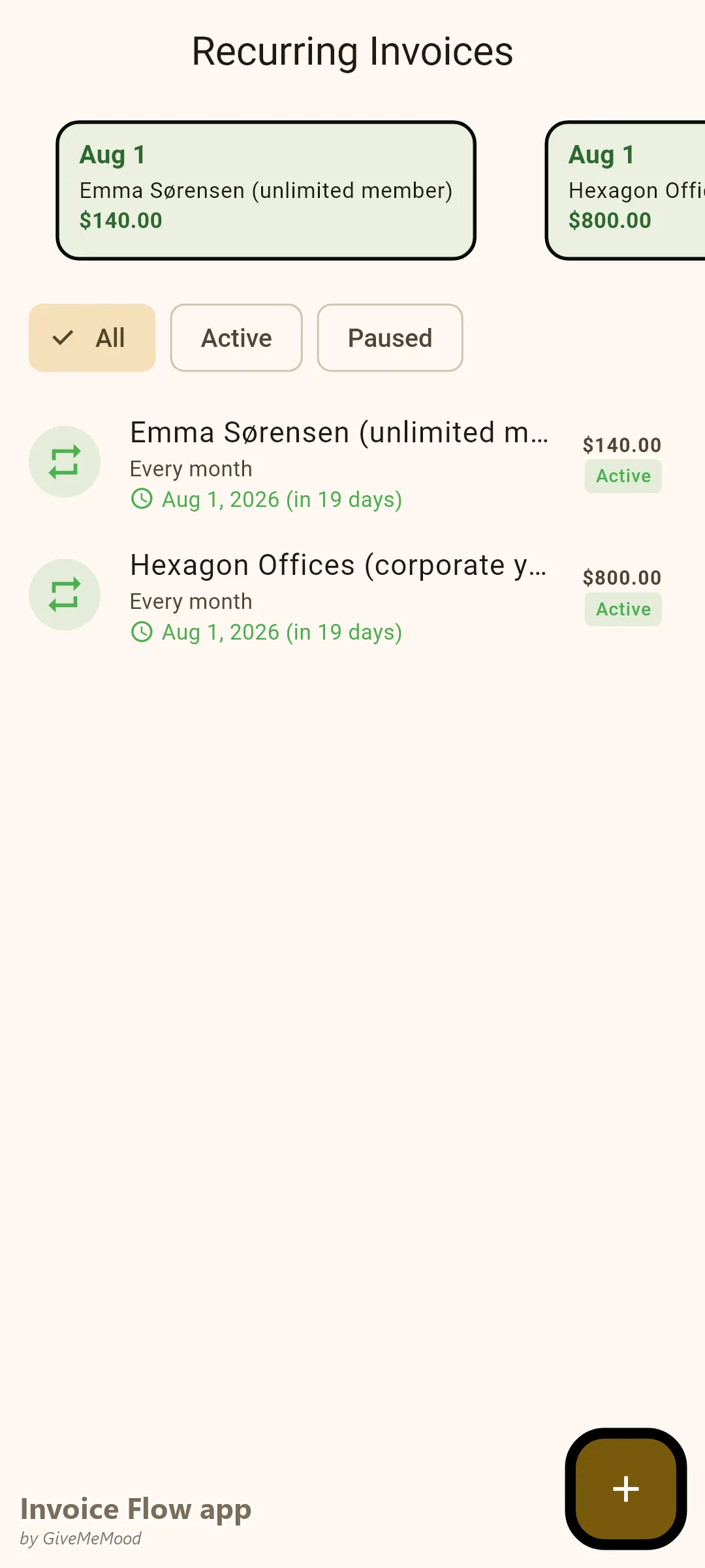Invoice Flow app recurring invoices of a yoga studio — an unlimited monthly membership and a weekly corporate yoga program