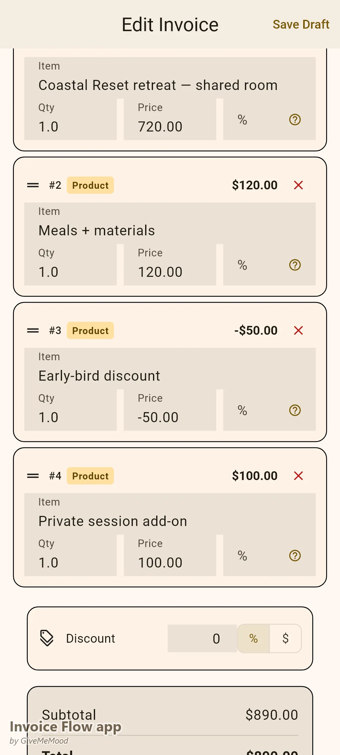 Invoice Flow app invoice editor of a yoga instructor — a shared-room retreat, meals, an early-bird discount and a private session add-on with a non-refundable deposit recorded