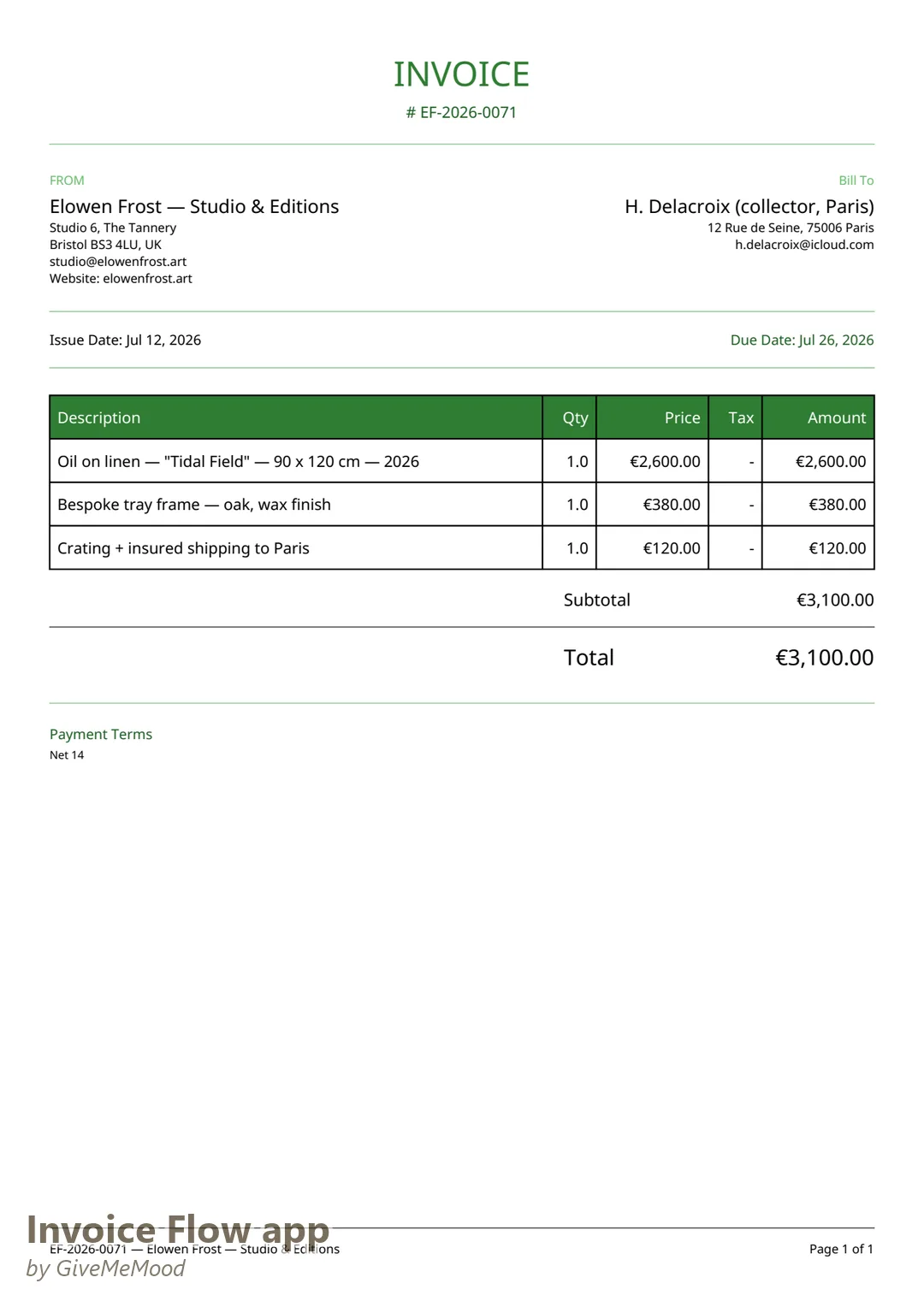 Collector invoice PDF generated by Invoice Flow app with the Elegant template in Charcoal — studio letterhead, artwork title, dimensions and framing in EUR