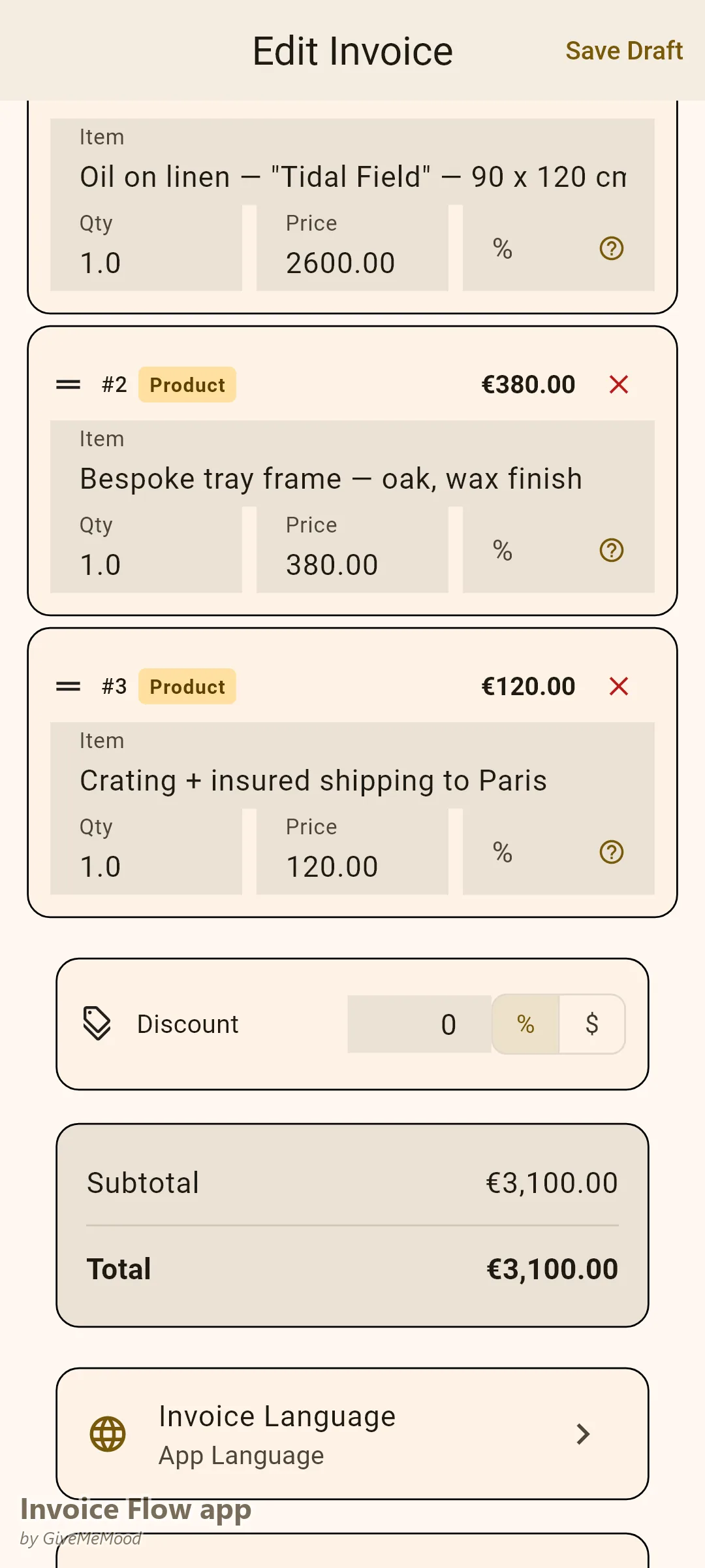 Invoice Flow app invoice editor of an art seller — an oil on linen with title, dimensions and year, a bespoke frame and insured crating to Paris in EUR with provenance and COA in custom fields