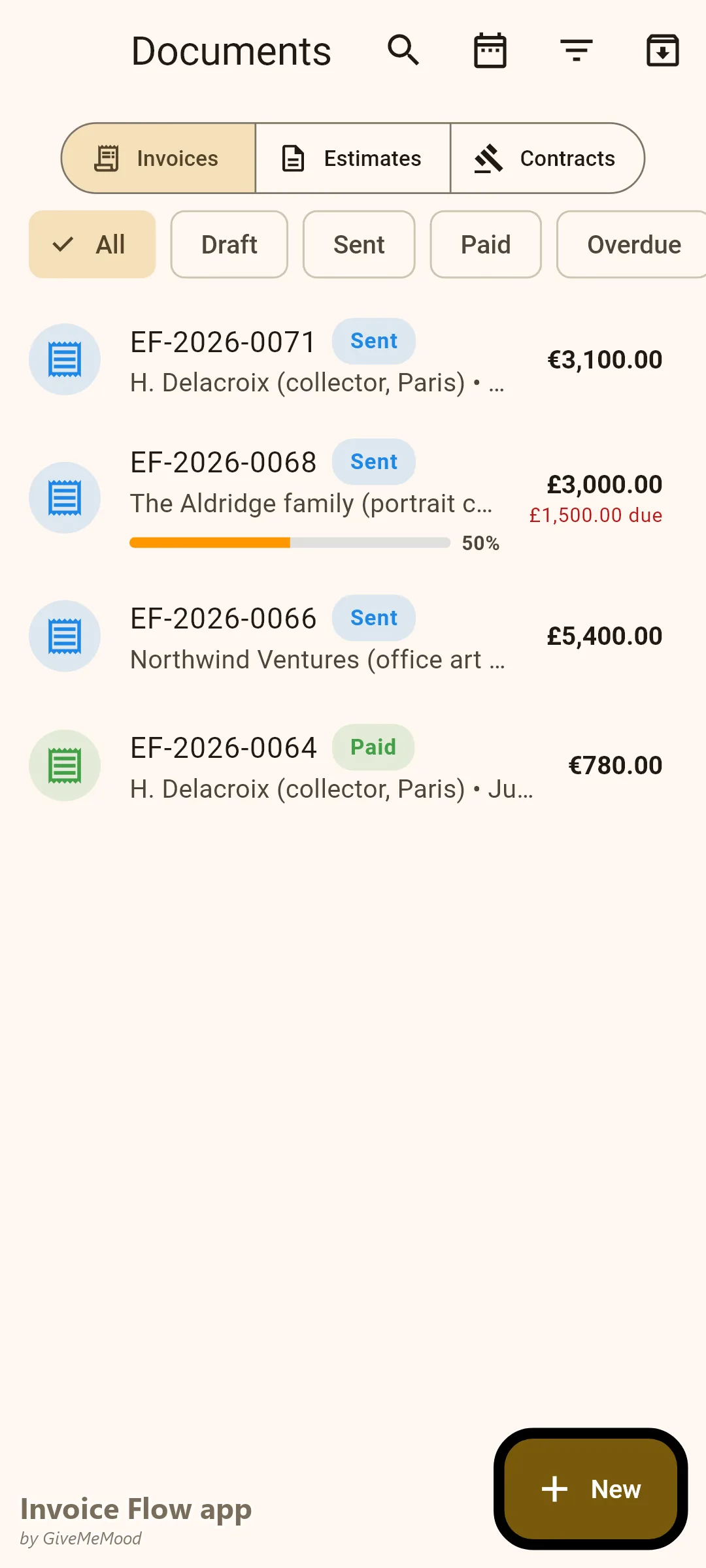 Invoice Flow app documents of an art seller — an original sale to a Paris collector, a portrait commission with deposit paid, a corporate office-art order and a paid print sale