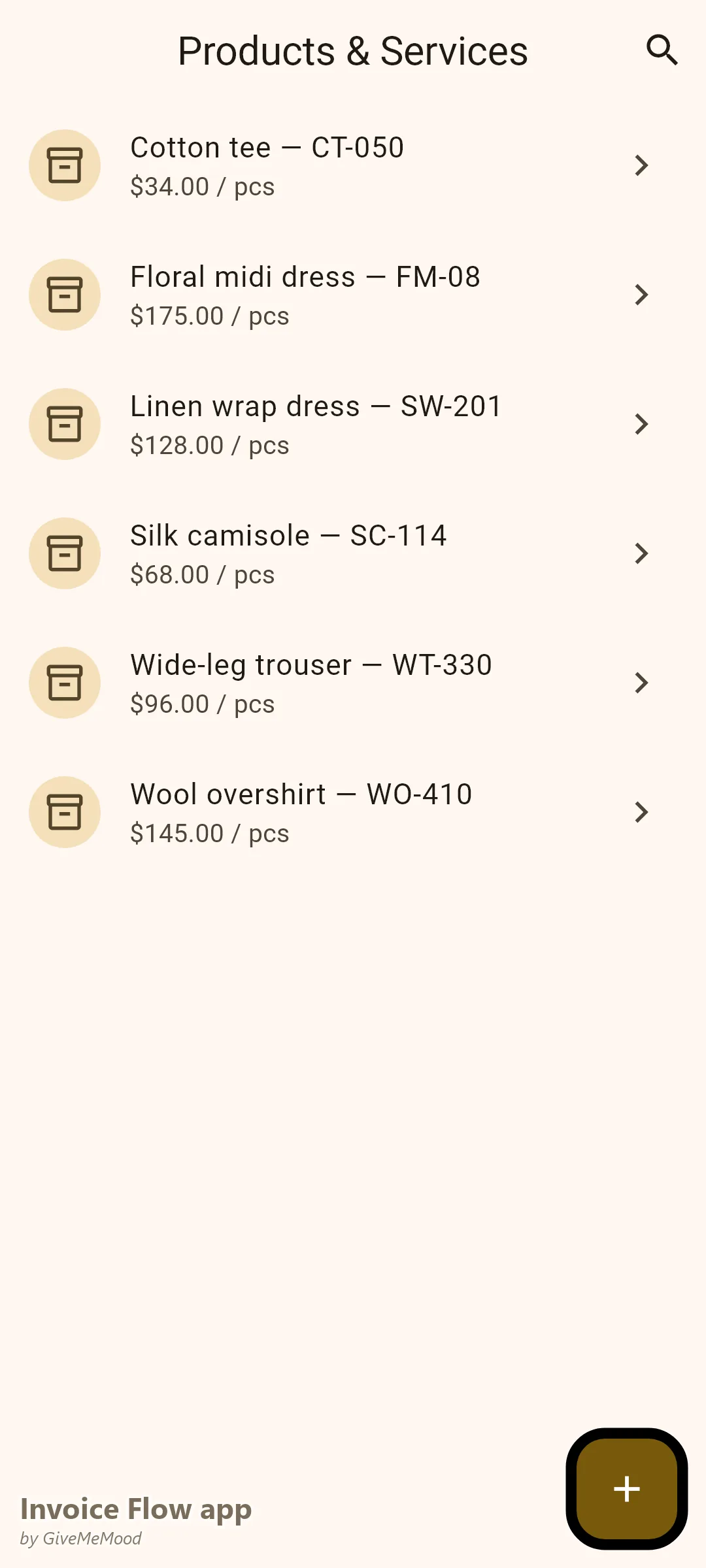 Invoice Flow app products screen of a clothing boutique — dresses, tops and trousers with style codes and tracked stock quantities and low-stock thresholds