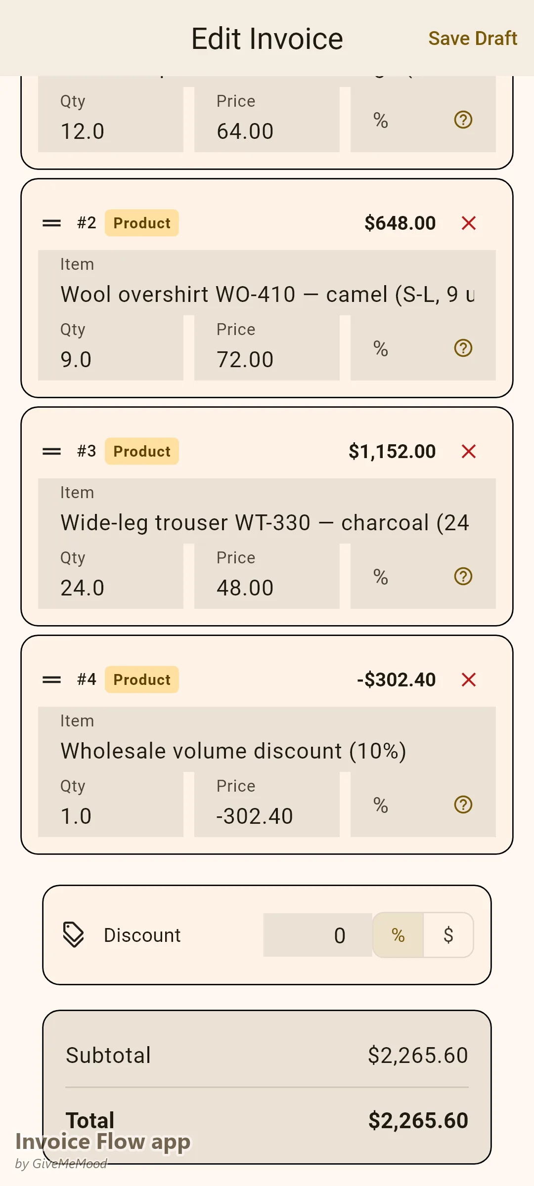 Invoice Flow app invoice editor of a boutique — fall pre-order line items with style codes, colors, size ranges and unit counts plus a volume discount