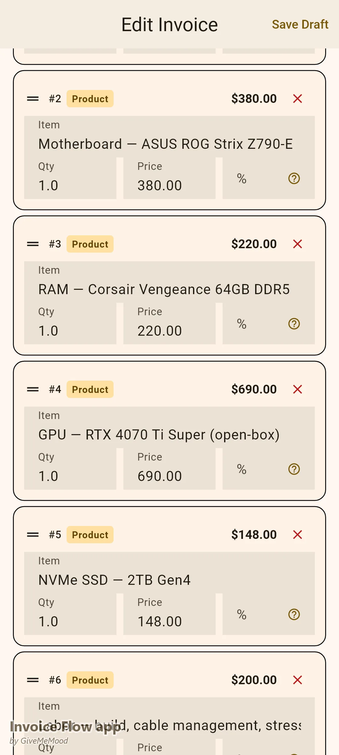 Invoice Flow app invoice editor of an electronics reseller — CPU, motherboard, RAM, GPU, SSD and build labor as separate line items with a bundle discount and warranty in custom fields