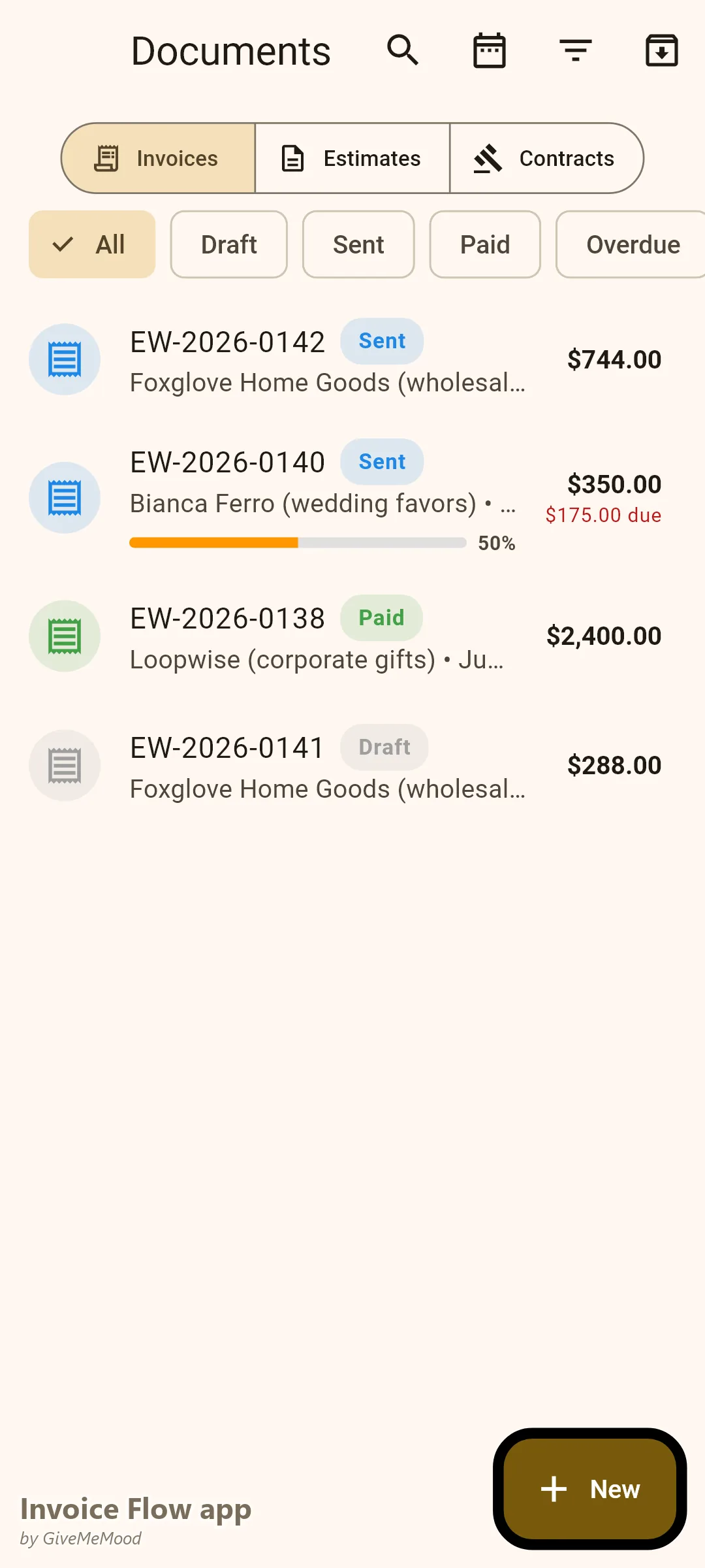 Invoice Flow app documents of a handmade seller — a wholesale candle order, a custom wedding-favor order on deposit, a paid corporate gift order and a draft
