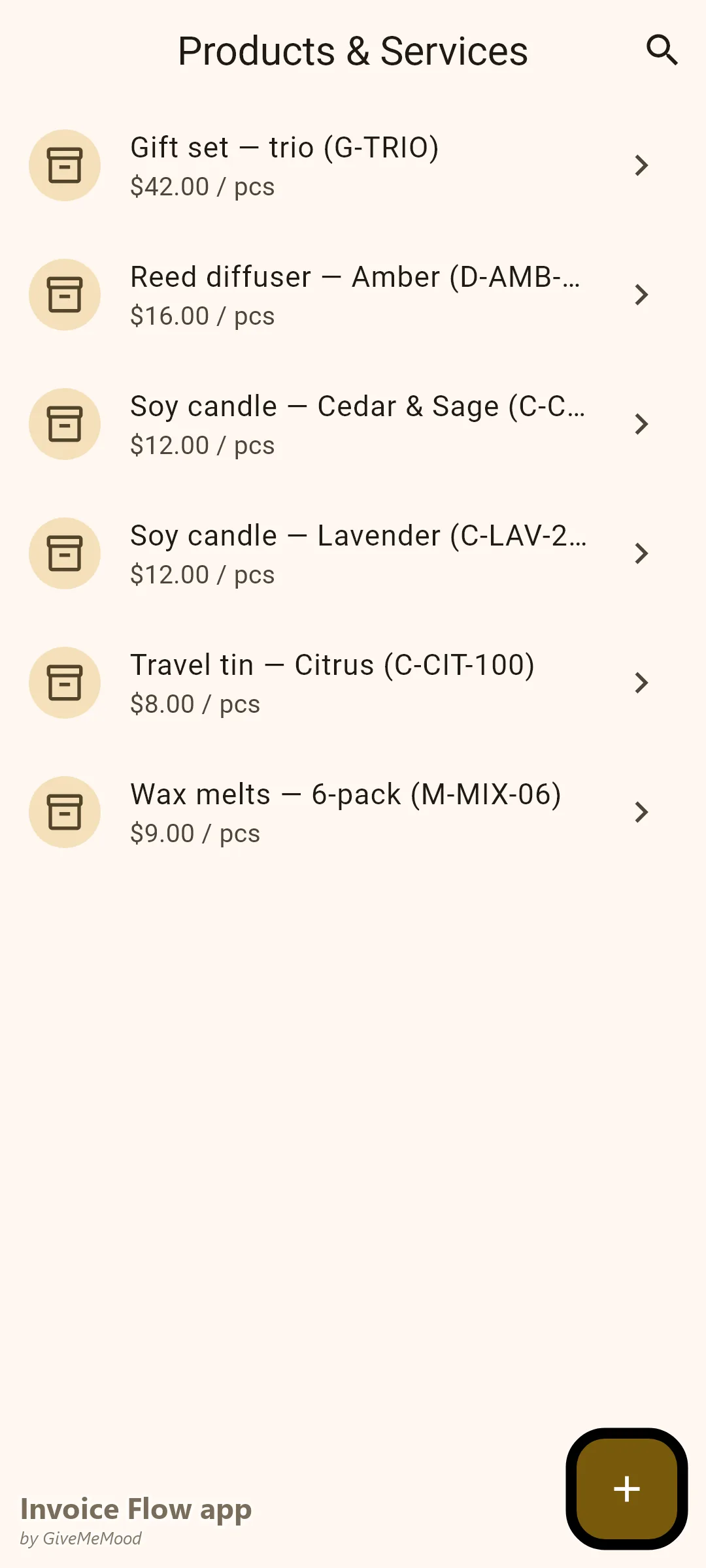 Invoice Flow app products screen of a candle business — candles, tins, wax melts, diffusers and gift sets with SKUs and tracked stock