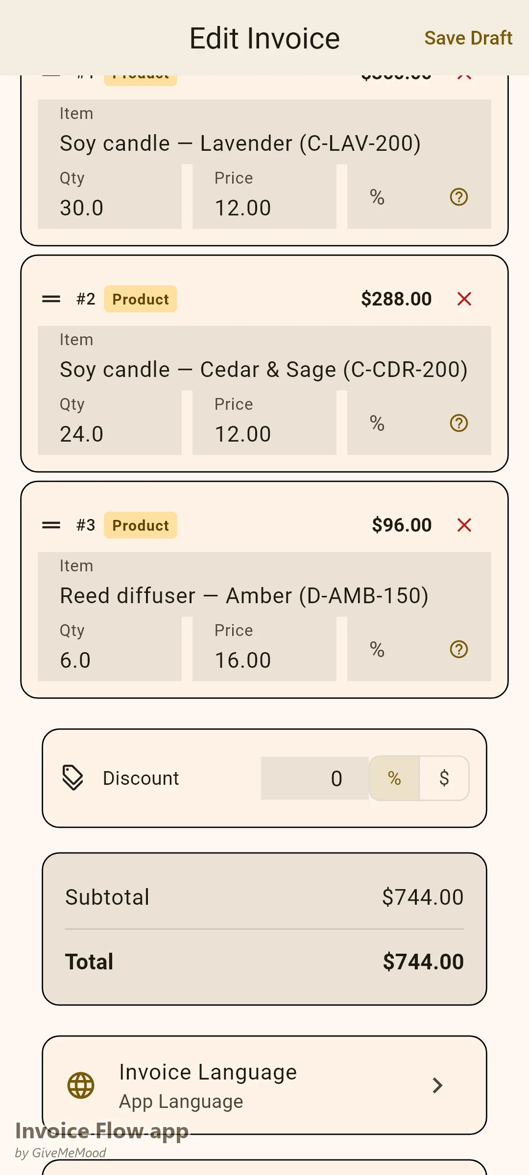 Invoice Flow app invoice editor of a candle maker — soy candles and a reed diffuser at wholesale unit pricing with SKUs and the buyer's PO in custom fields