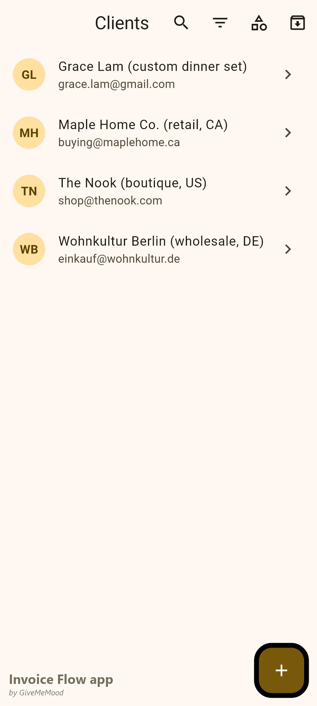 Invoice Flow app client list of an online store — a German wholesale buyer in EUR, a Canadian retailer in CAD and a US boutique in USD