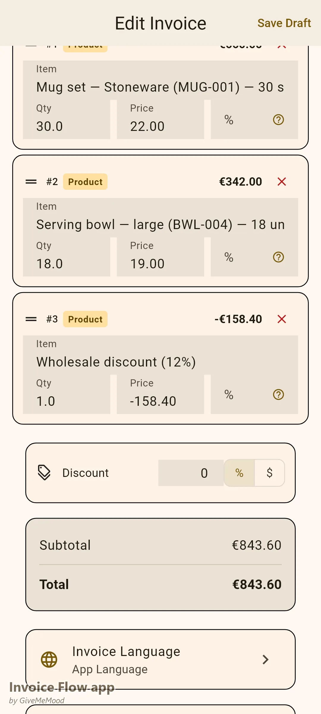 Invoice Flow app invoice editor of an online store — stoneware mug sets and bowls at wholesale unit pricing with a discount, billed in EUR with PO and incoterms