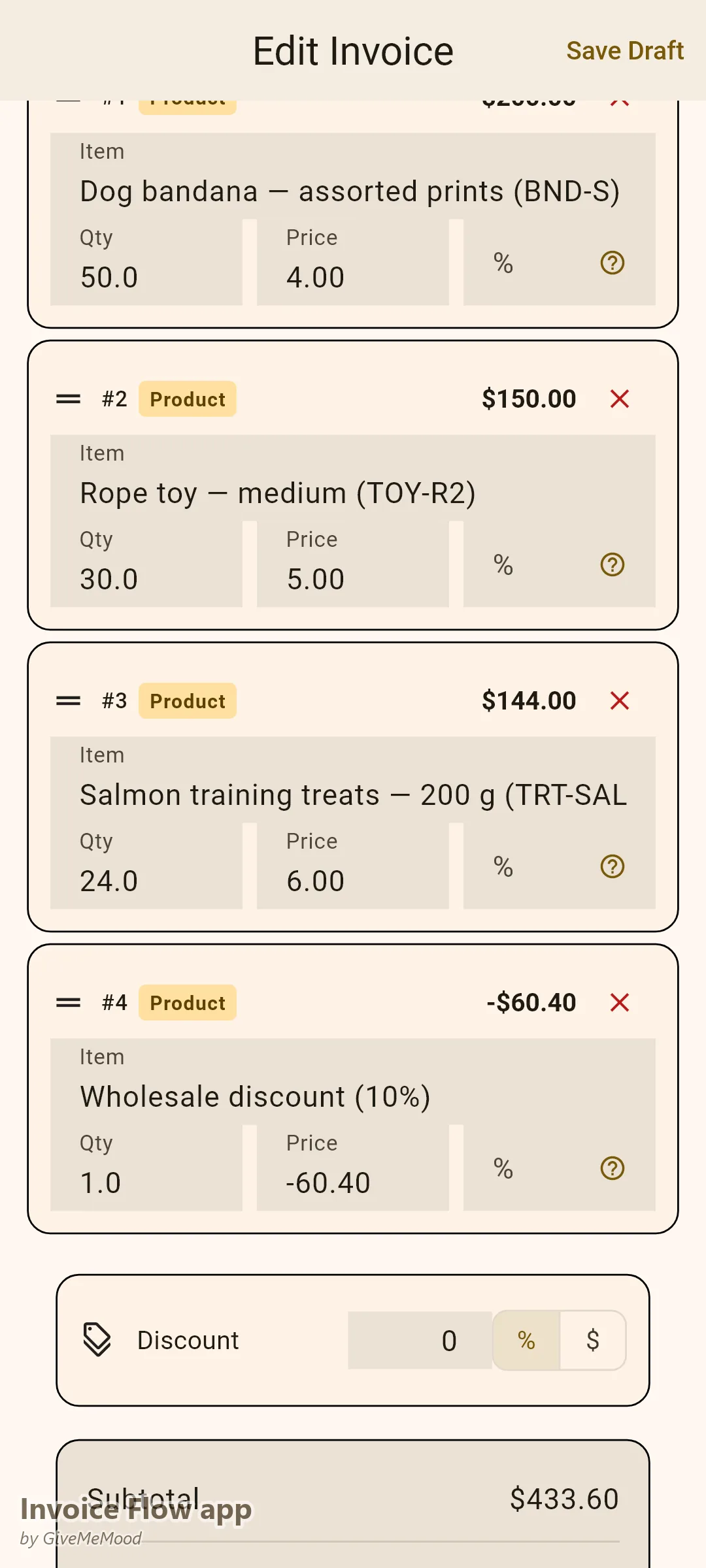 Invoice Flow app invoice editor of a pet supplier — bandanas, rope toys and training treats at wholesale unit pricing with a discount and the boutique's PO