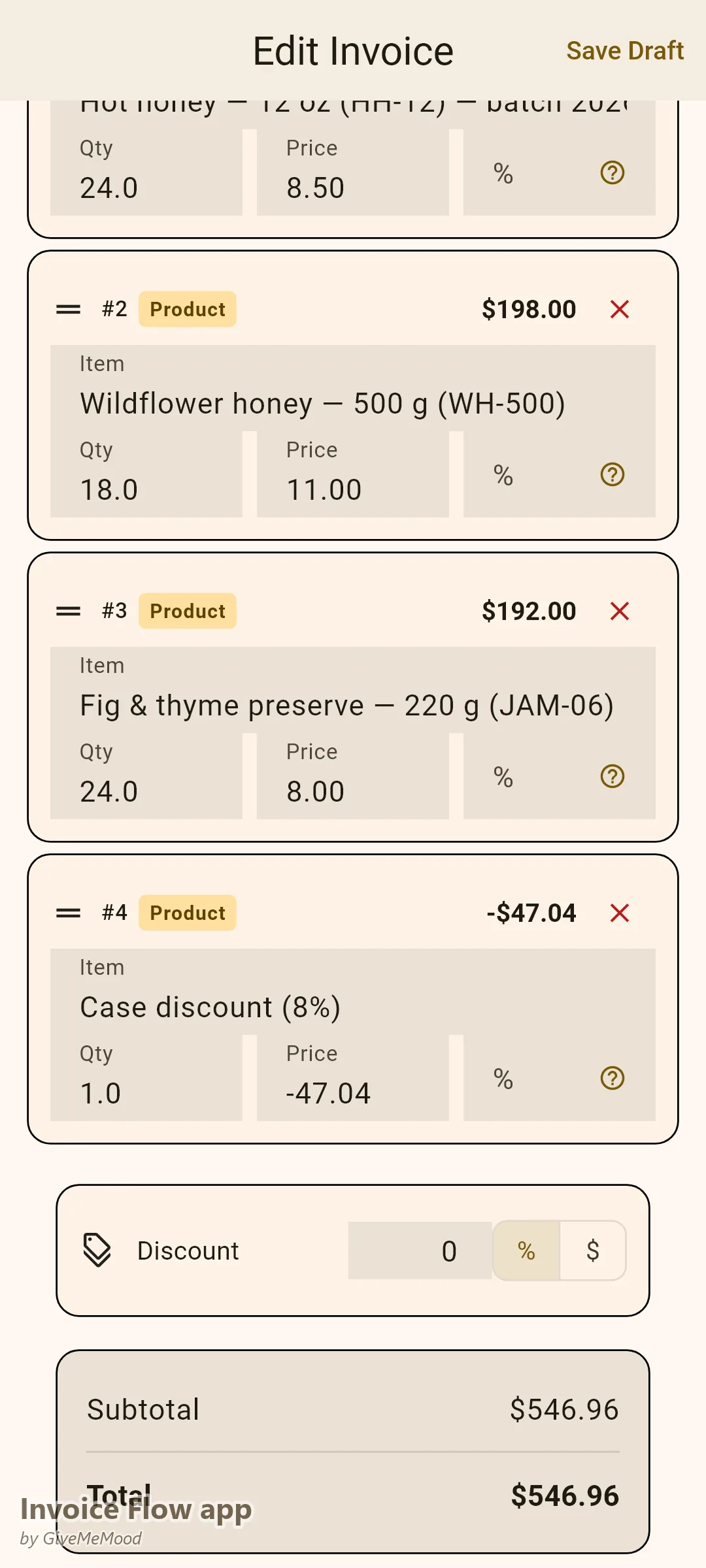 Invoice Flow app invoice editor of an artisan food producer — hot honey, wildflower honey and preserves at wholesale unit pricing with a case discount and batch codes