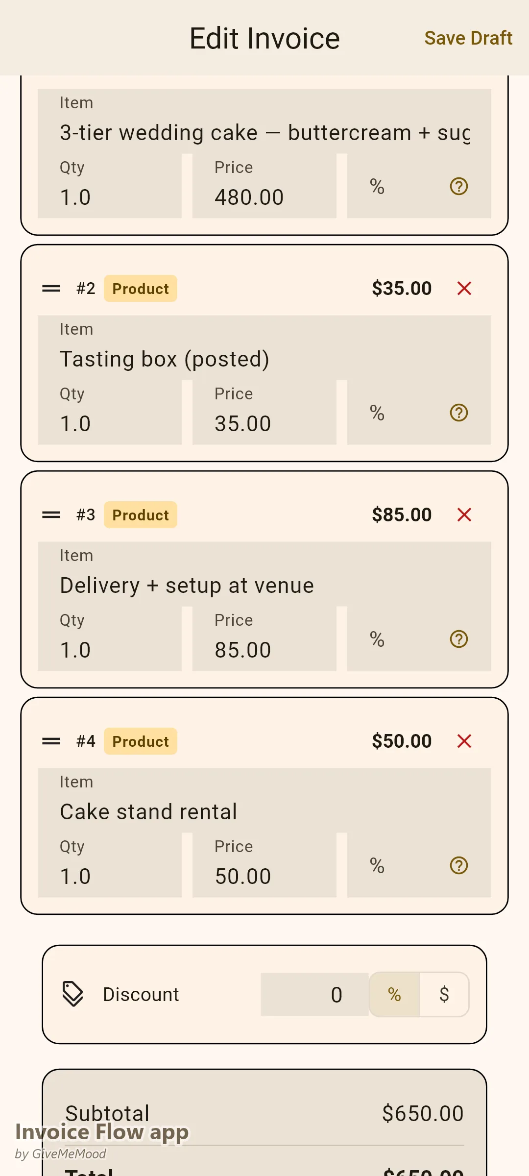 Invoice Flow app invoice editor of a bakery — a 3-tier wedding cake, tasting box, venue delivery and stand rental with event date, servings and design in custom fields