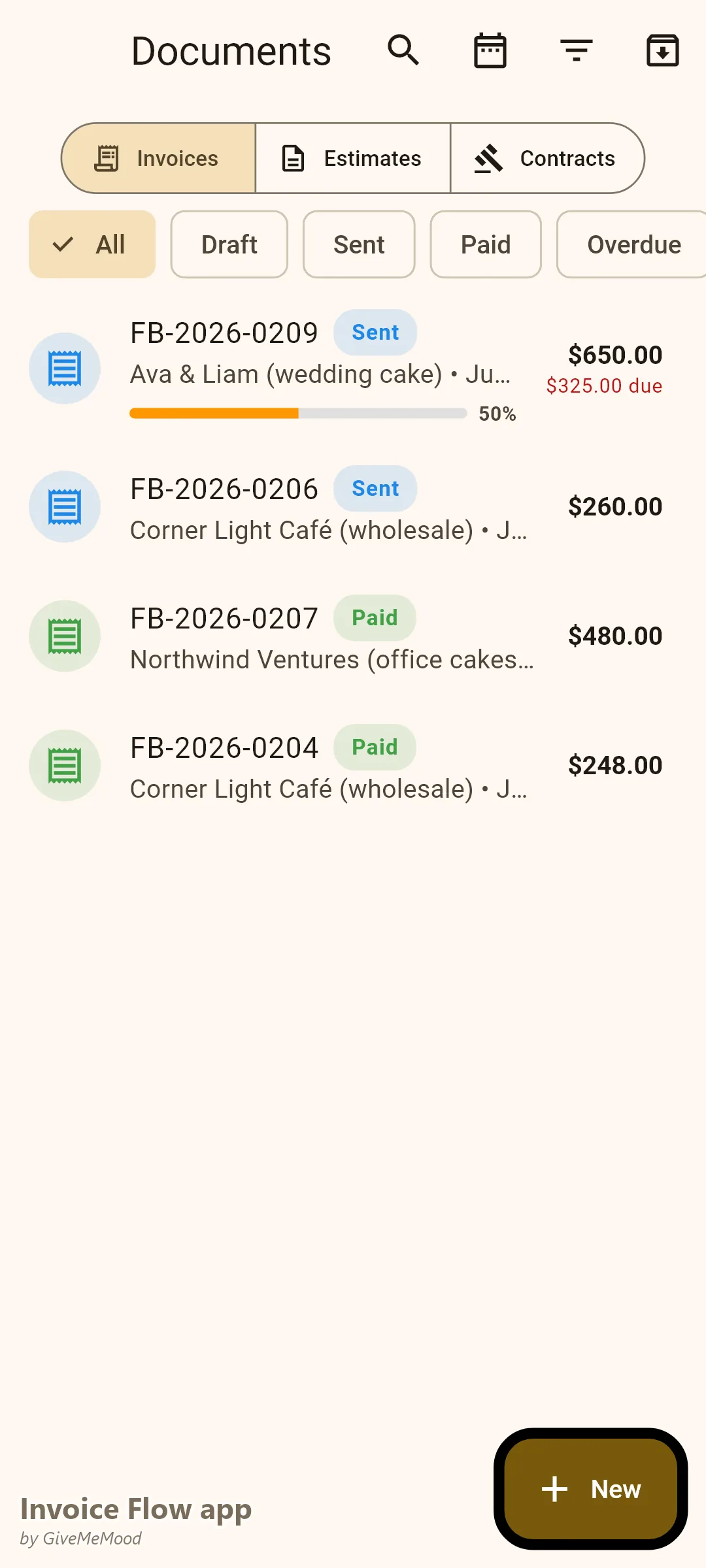 Invoice Flow app documents of a bakery — a wedding cake on deposit, a wholesale café order, a paid corporate office-cake program and a paid delivery