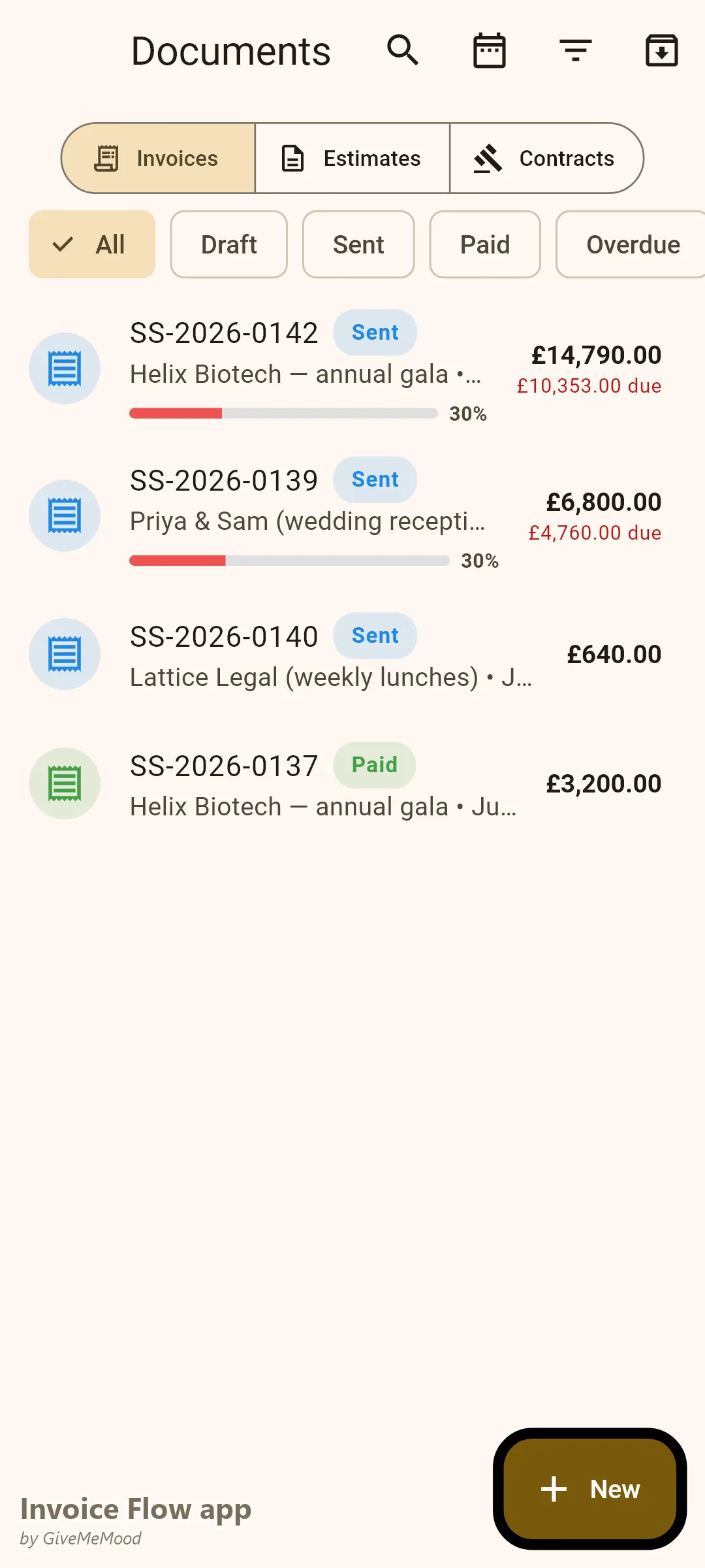 Invoice Flow app documents of a catering company — a corporate gala on deposit, a wedding reception on deposit, a weekly office lunch account and a paid event