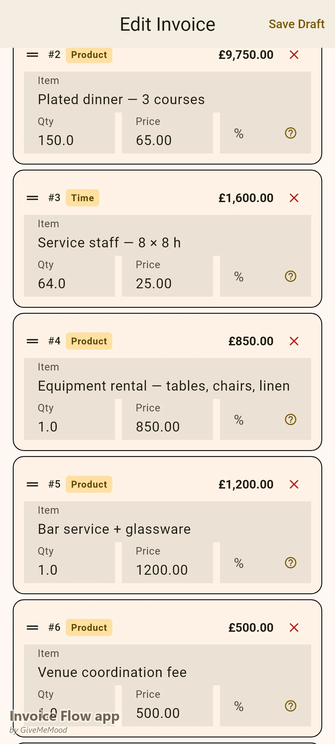 Invoice Flow app invoice editor of a caterer — canapés and plated dinner per guest, service staff hours, equipment and bar rental, coordination fee and deposit applied