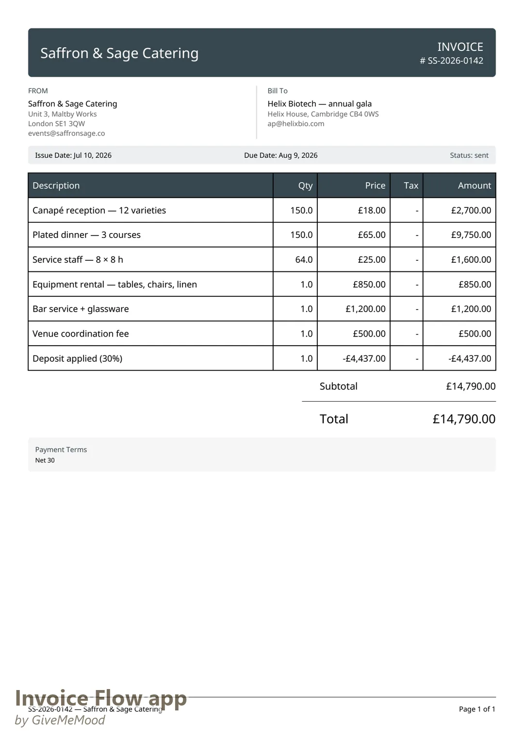 Corporate gala invoice PDF generated by Invoice Flow app with the Professional template — caterer letterhead, per-guest catering lines, staff and rentals and the deposit applied in GBP