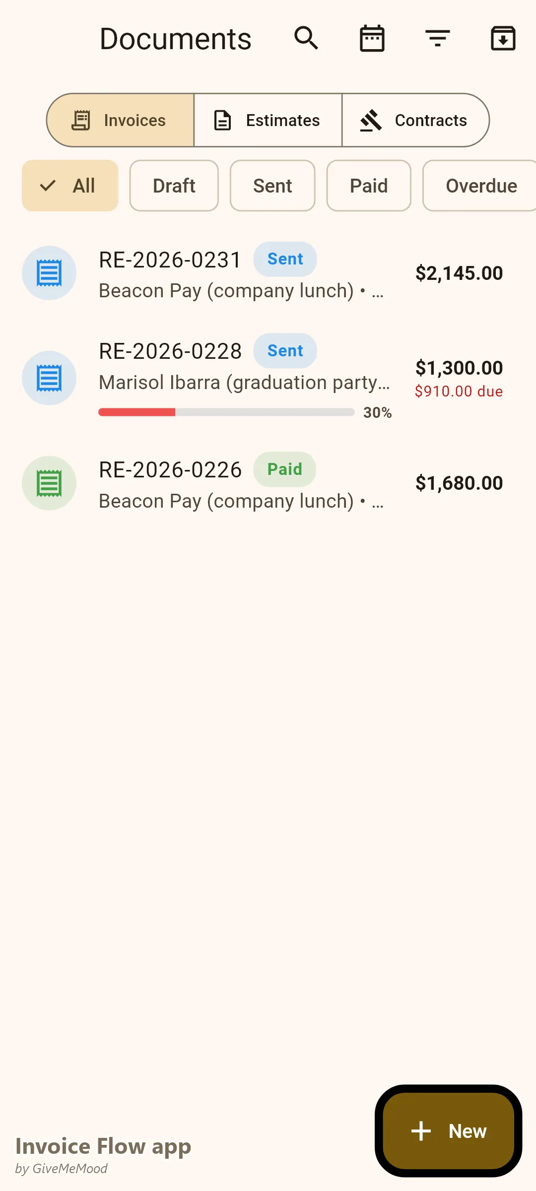Invoice Flow app documents of a food truck — a corporate lunch booking, a graduation party on deposit, a festival pro-forma vendor agreement and a paid gig