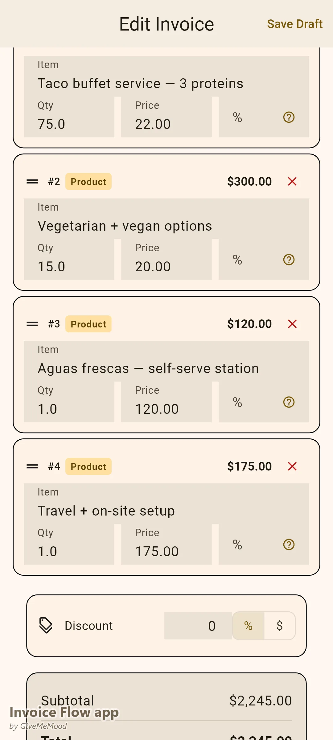 Invoice Flow app invoice editor of a food truck — taco buffet per guest, vegetarian options, a drinks station and on-site travel with event and reference in custom fields