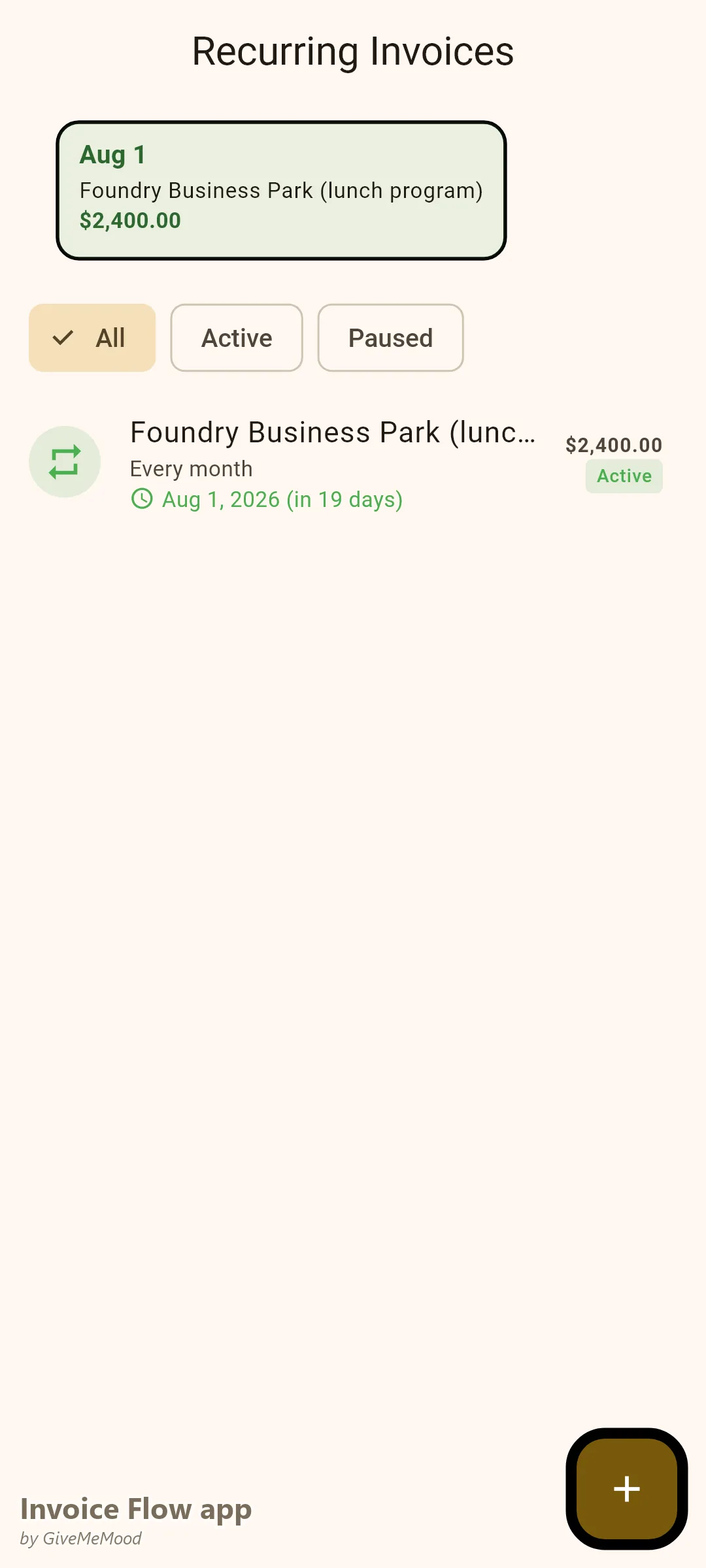Invoice Flow app recurring invoices of a food truck — a monthly office-park daily lunch program billing automatically