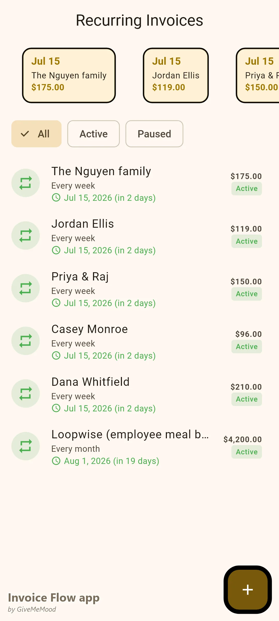 Invoice Flow app recurring invoices of a meal-prep business — family, high-protein, vegetarian, keto and athlete plans plus a corporate employee program