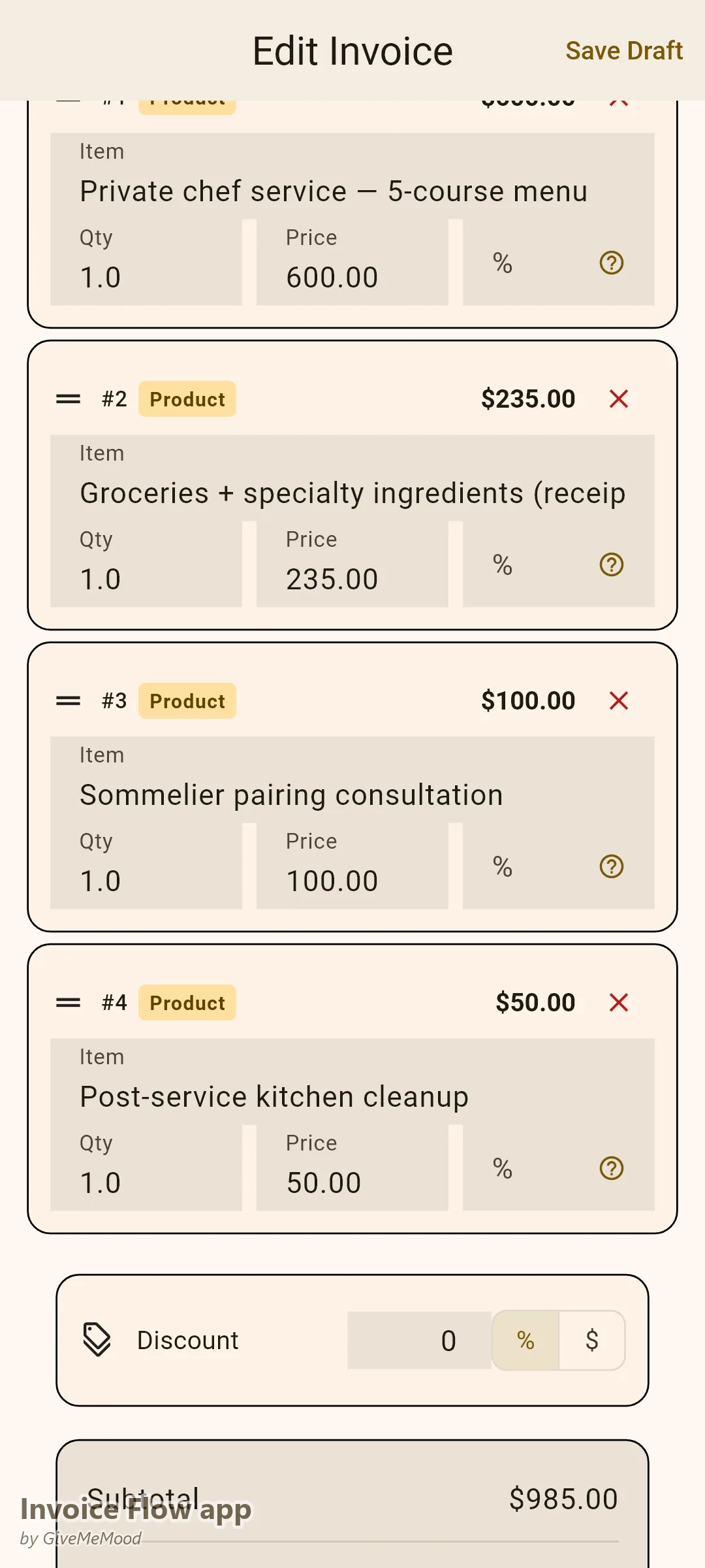 Invoice Flow app invoice editor of a personal chef — a 5-course anniversary dinner, groceries with receipts attached, a pairing consultation and cleanup with the deposit recorded
