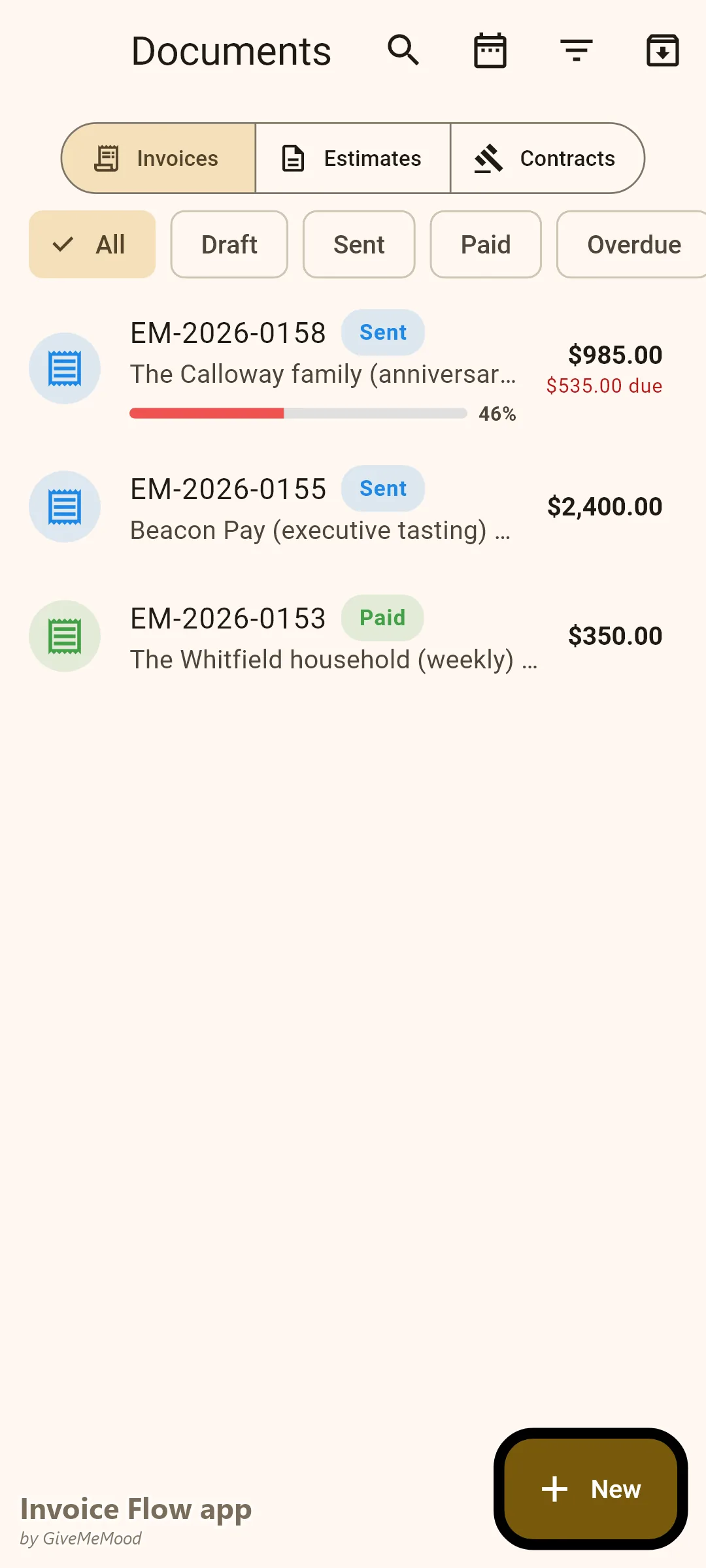 Invoice Flow app documents of a personal chef — an anniversary dinner on deposit, a corporate executive tasting and a paid weekly household service