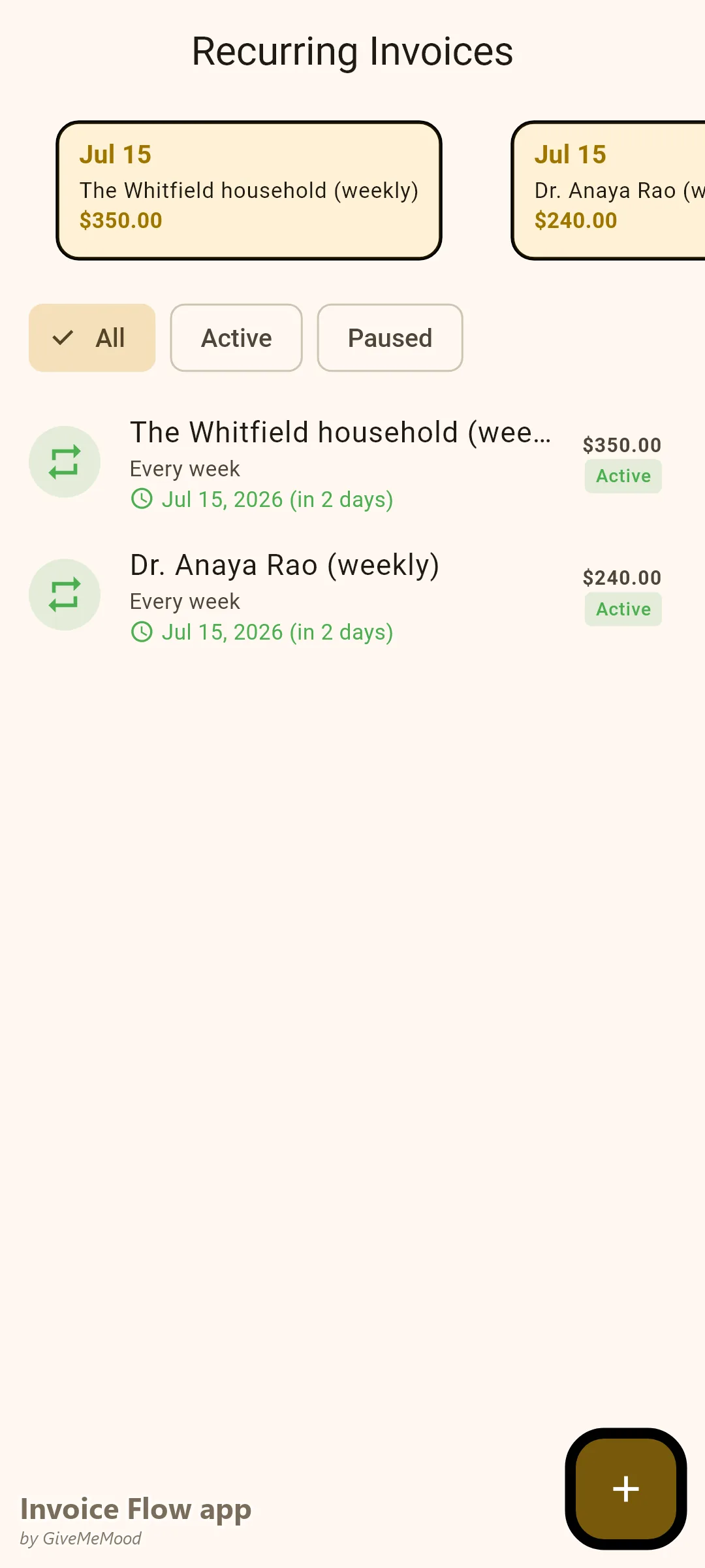 Invoice Flow app recurring invoices of a personal chef — two weekly household meal-prep plans generating on schedule