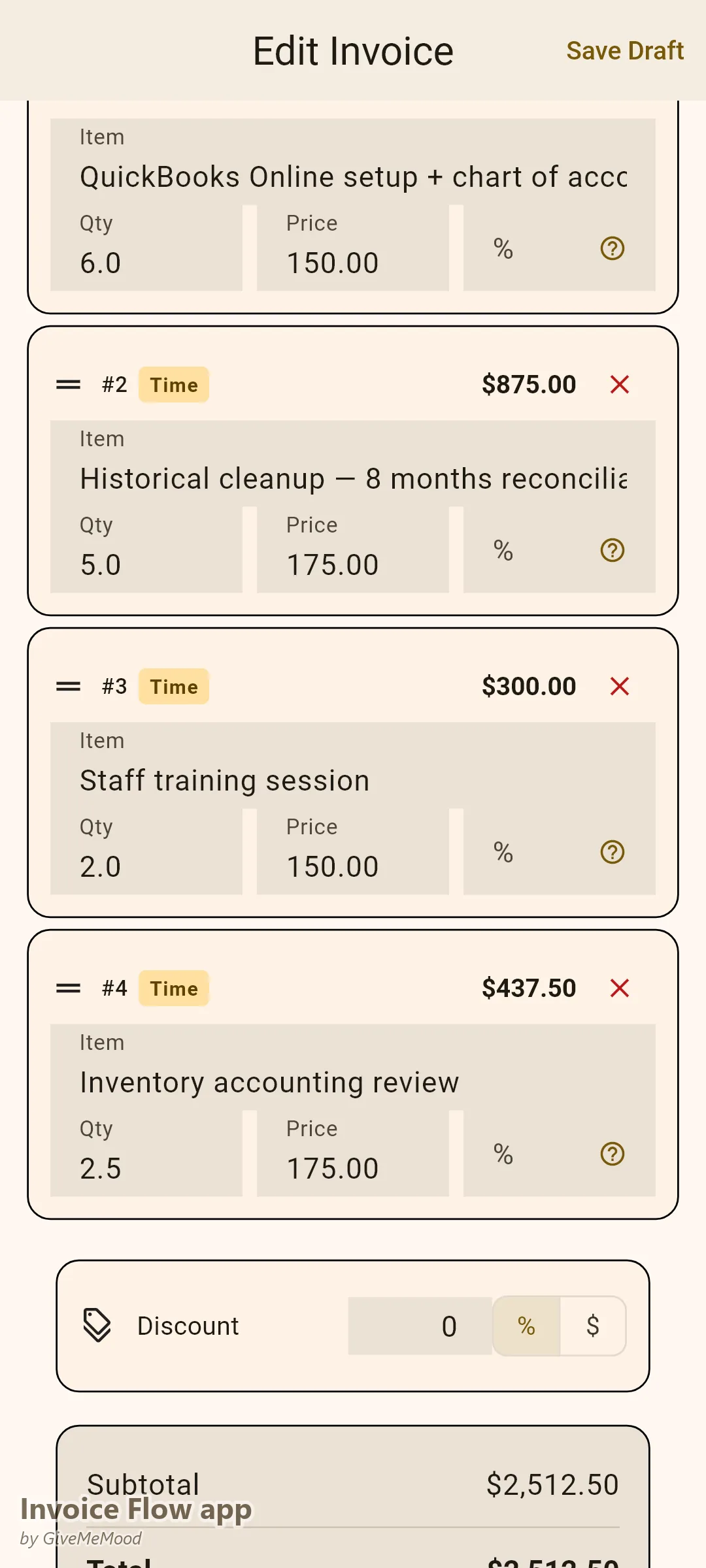 Invoice Flow app invoice editor of a bookkeeper — QuickBooks setup, historical cleanup, staff training and an inventory review at hourly rates