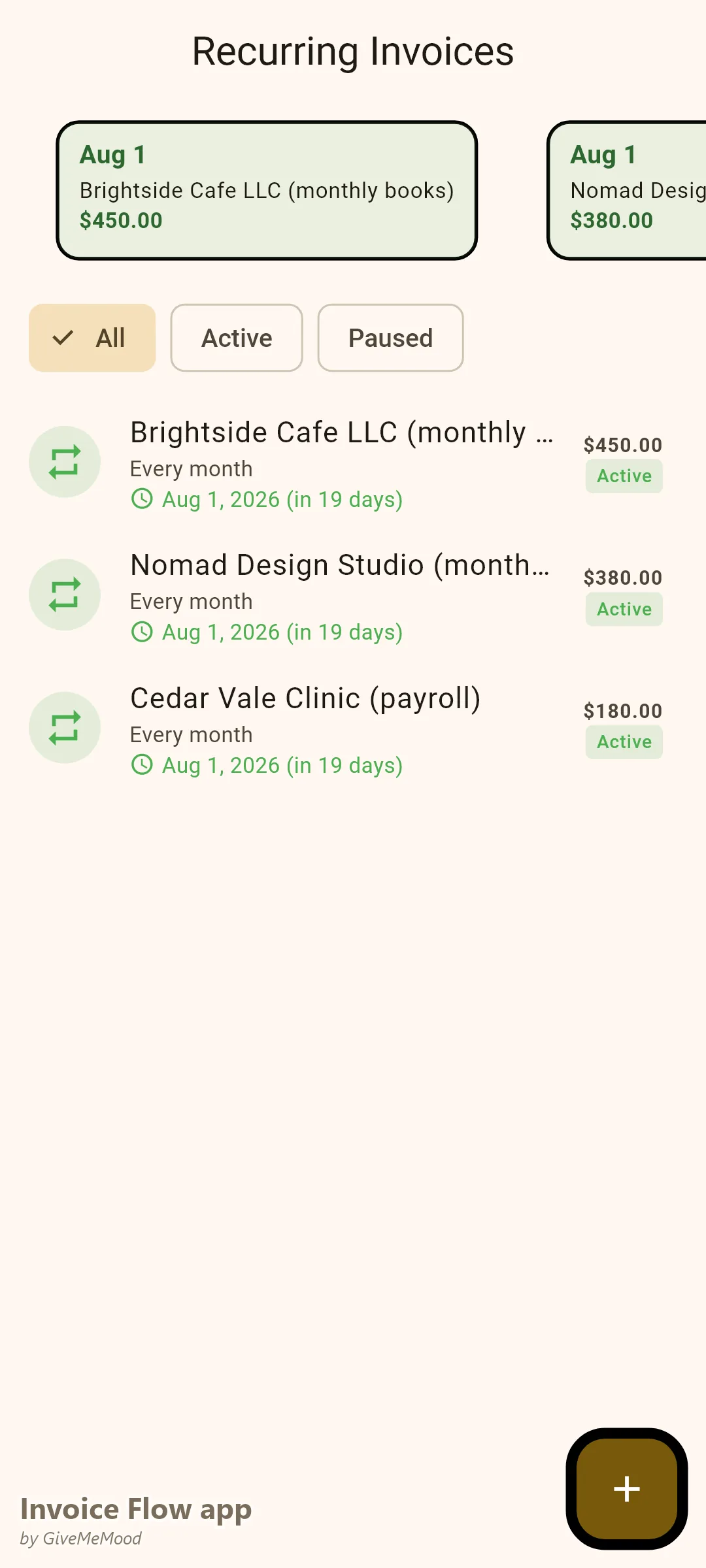 Invoice Flow app recurring invoices of an accounting practice — monthly bookkeeping retainers and a semi-monthly payroll processing account