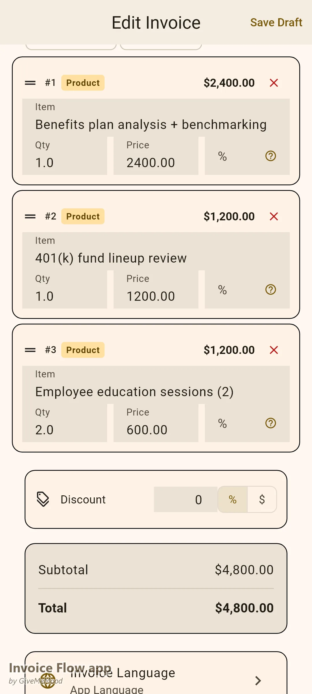 Invoice Flow app invoice editor of a fee-only advisor — benefits analysis, a 401(k) fund lineup review and employee education sessions with reference in custom fields