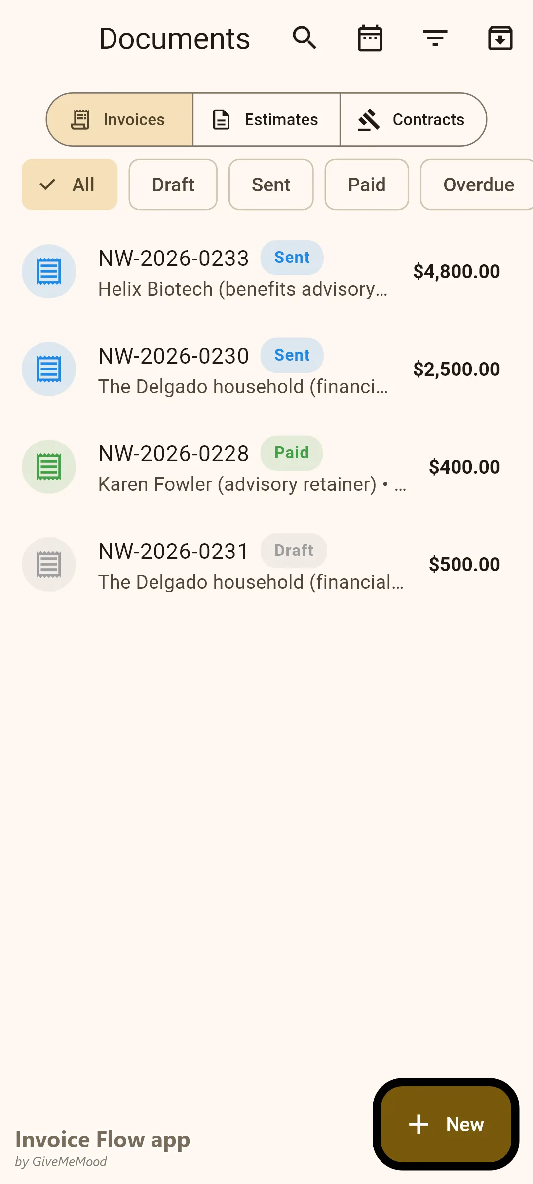 Invoice Flow app documents of a financial advisor — a comprehensive plan fee, a paid monthly retainer, a corporate benefits engagement and a draft
