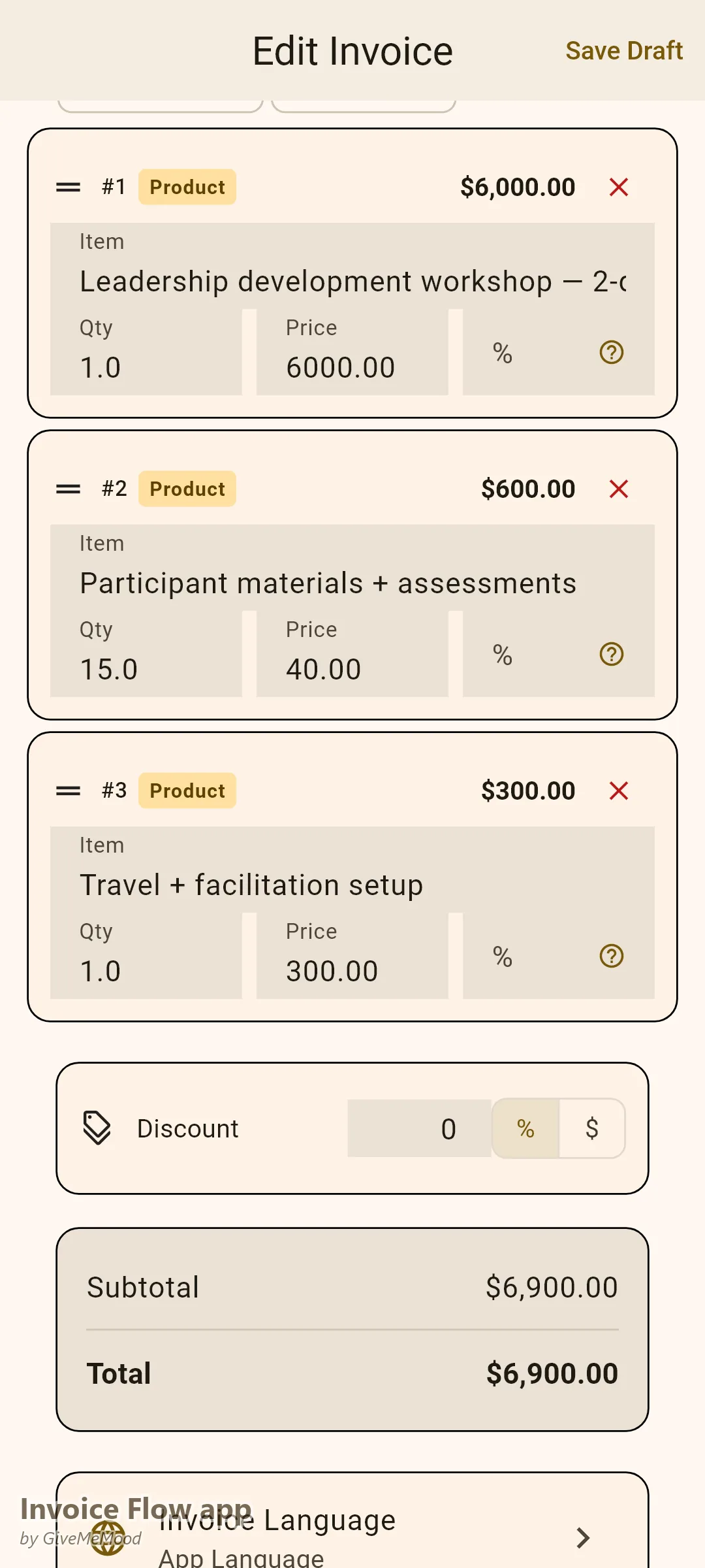 Invoice Flow app invoice editor of an HR consultant — a 2-day leadership workshop, per-participant materials and facilitation travel with program and L&D code in custom fields