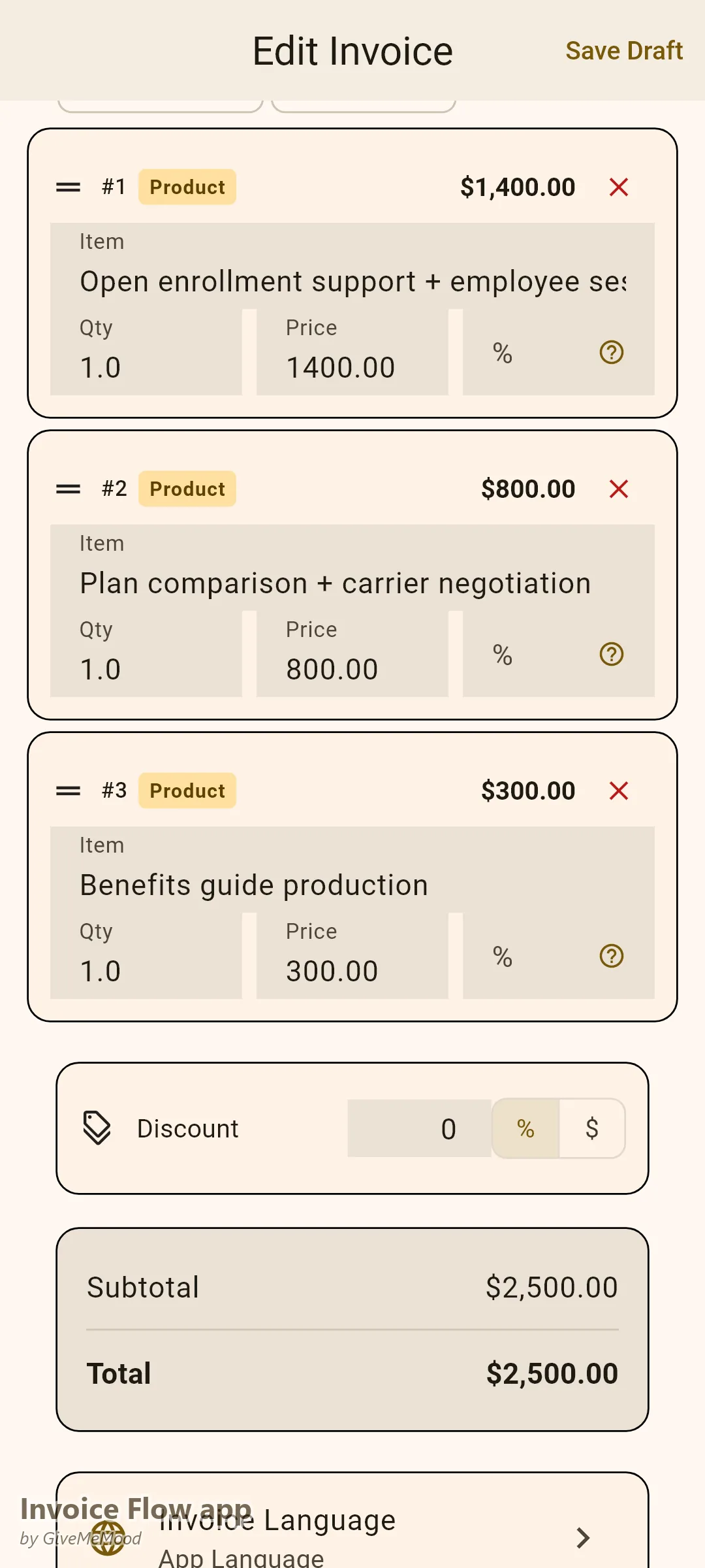 Invoice Flow app invoice editor of an insurance broker — open-enrollment support, plan comparison and a benefits guide as a consulting fee with a note that carrier premiums are billed separately