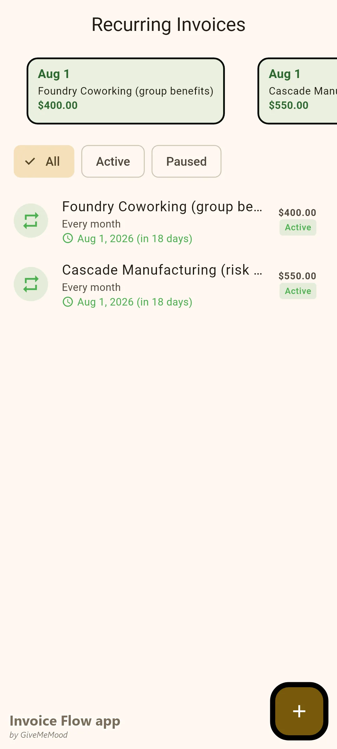 Invoice Flow app recurring invoices of an insurance advisor — a monthly benefits administration retainer and a monthly risk management advisory