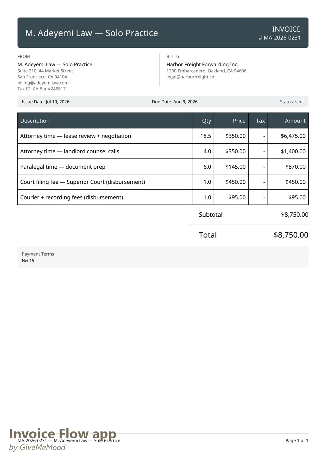 Legal matter invoice PDF generated by Invoice Flow app with the Professional template — firm letterhead, attorney and paralegal time, court disbursements and the matter number
