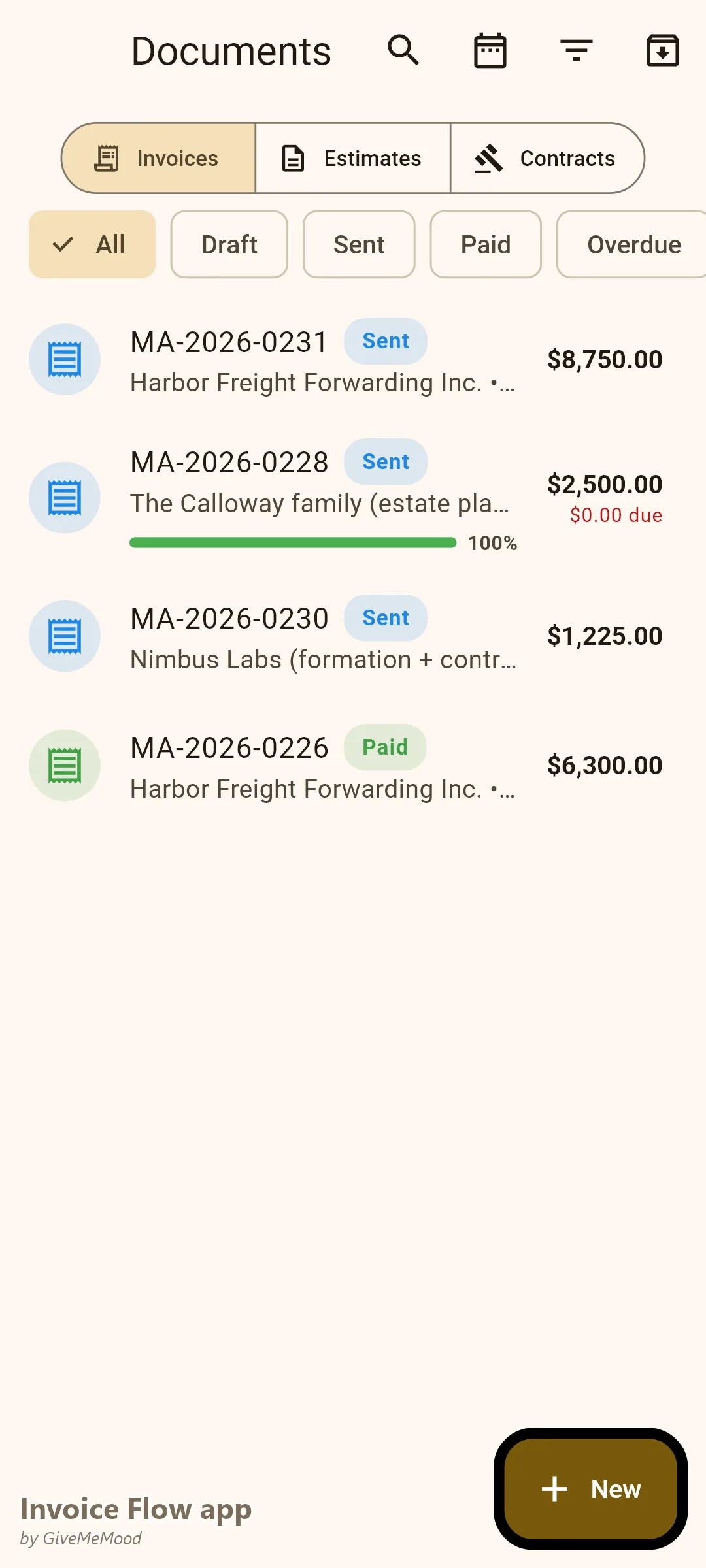 Invoice Flow app documents of a law practice — a corporate lease matter, a paid estate-plan retainer, a startup contract review and a paid dispute matter