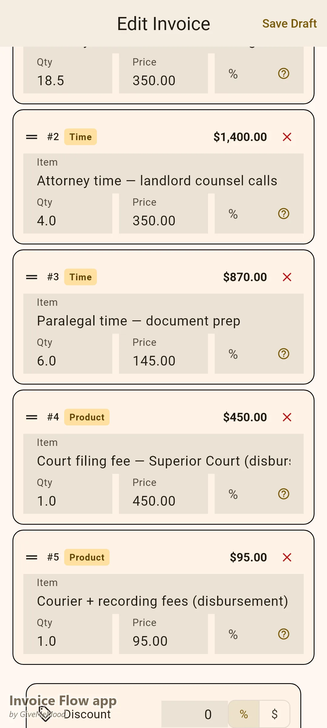 Invoice Flow app invoice editor of a solo attorney — attorney and paralegal hours plus court filing and courier disbursements with matter number and bar number in custom fields