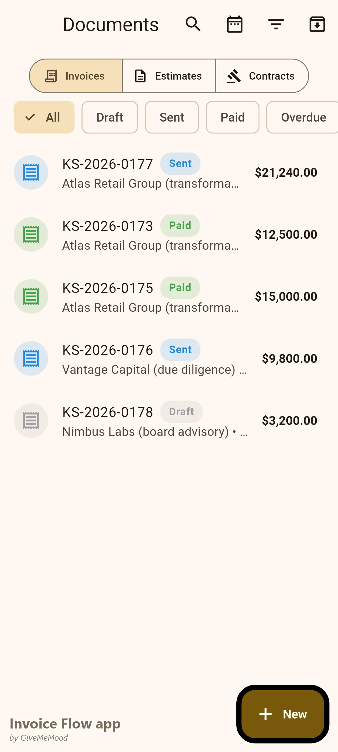Invoice Flow app documents of a consultant — paid discovery and strategy phases, the implementation phase sent, a due-diligence project and a board-advisory draft