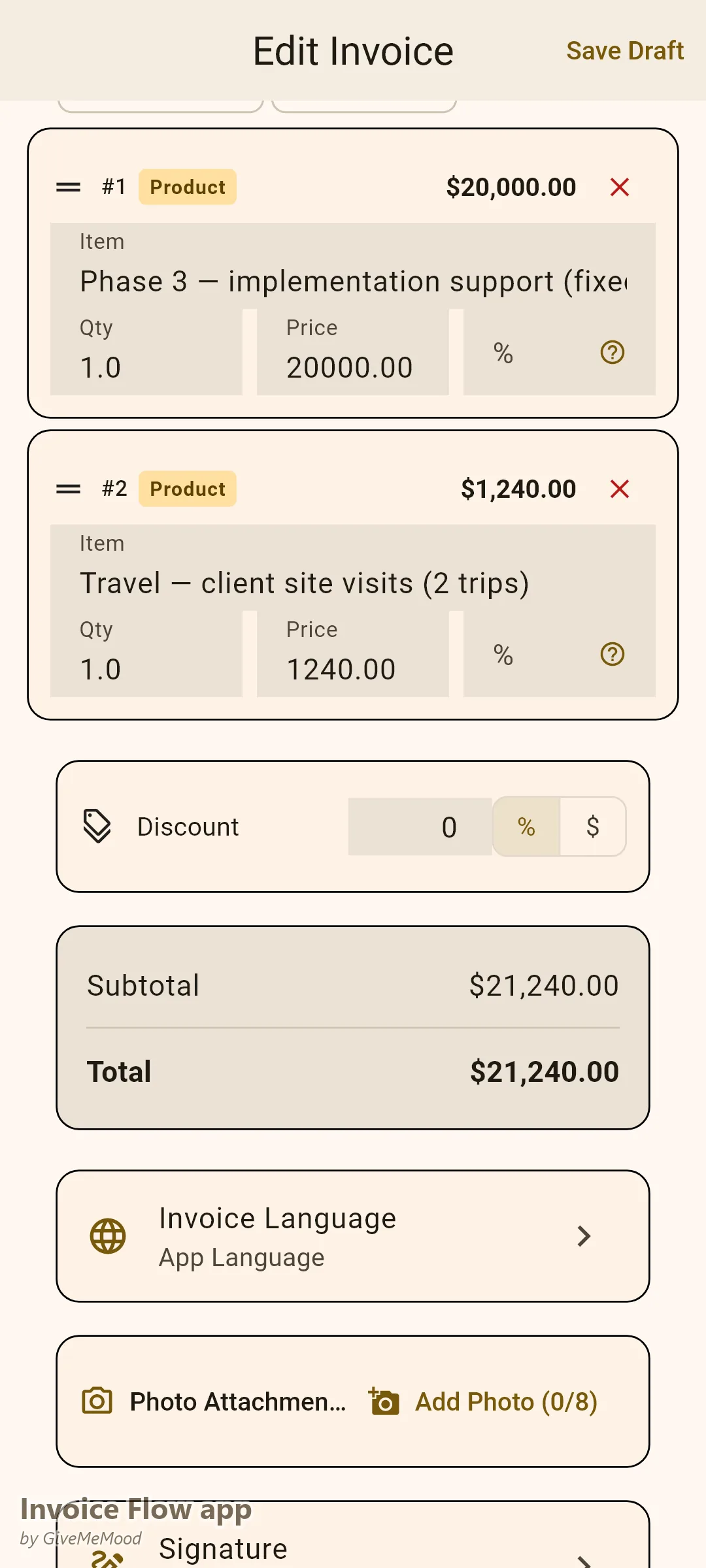 Invoice Flow app invoice editor of a management consultant — an implementation-support phase as a fixed fee plus reimbursable travel with project, phase and PO number in custom fields