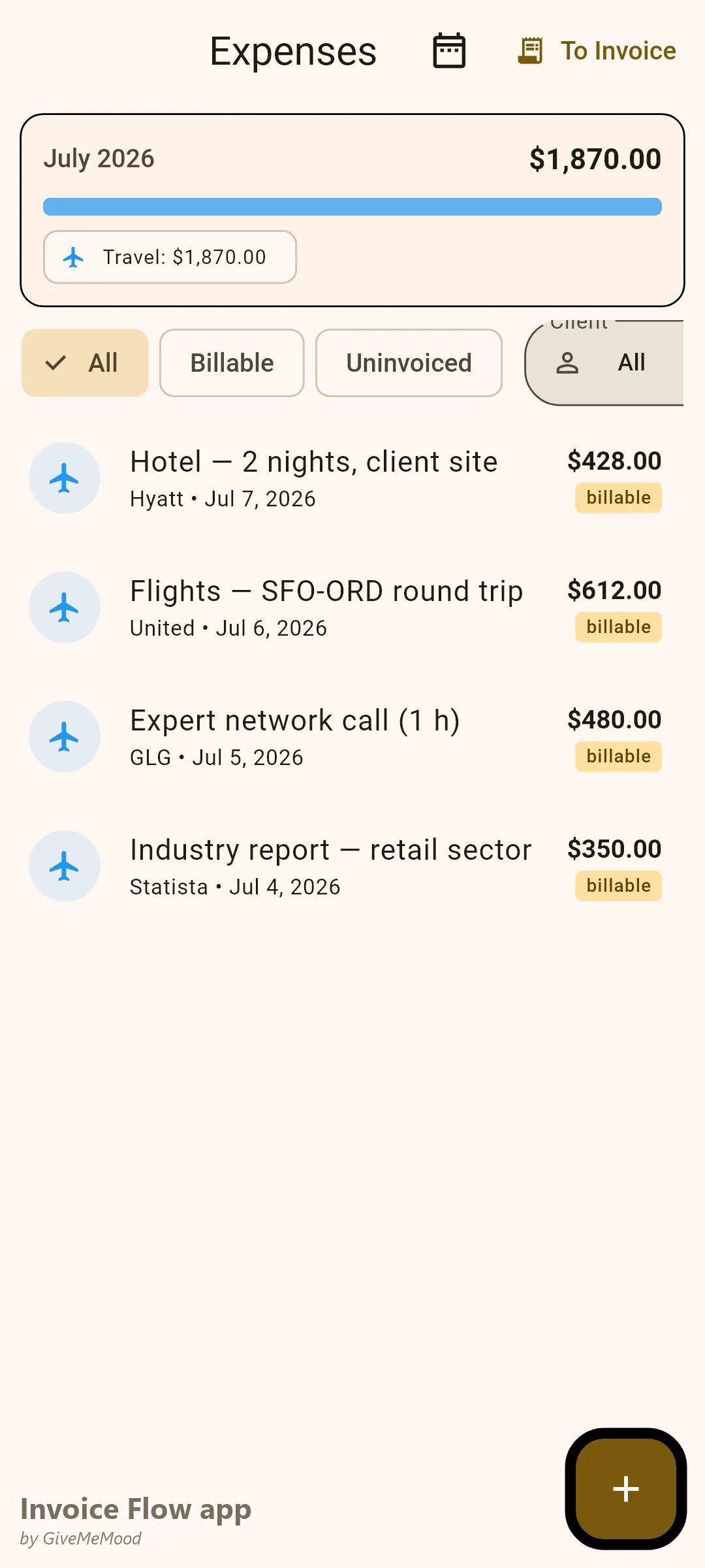 Invoice Flow app expense tracker of a management consultant with billable flights, hotel, an industry report and an expert-network call tagged to clients