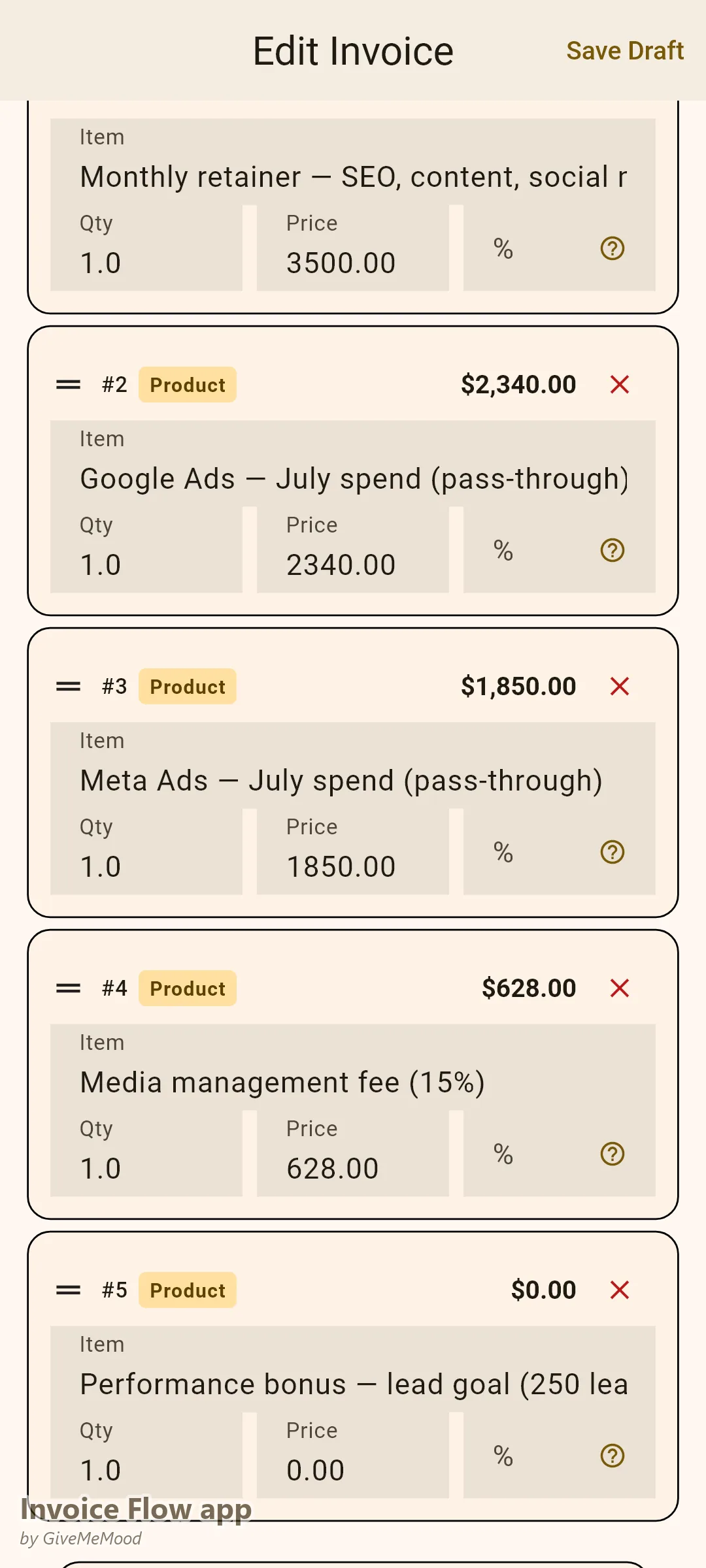 Invoice Flow app invoice editor of a marketing agency — the monthly retainer, Google and Meta ad spend as pass-through lines, a 15% management fee and a performance bonus