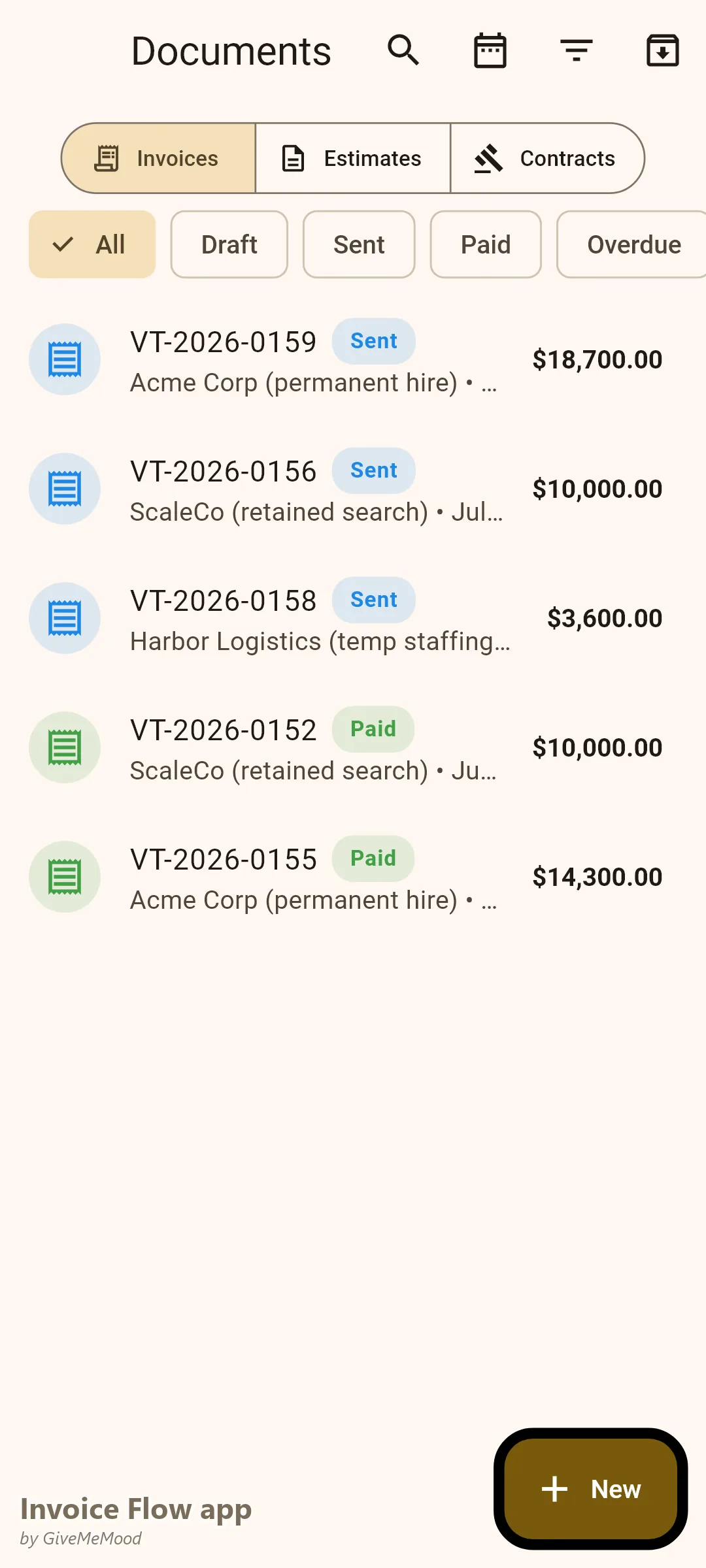 Invoice Flow app documents of a recruitment agency — a permanent placement fee, a retained-search tranche, a weekly temp-staffing invoice and paid work