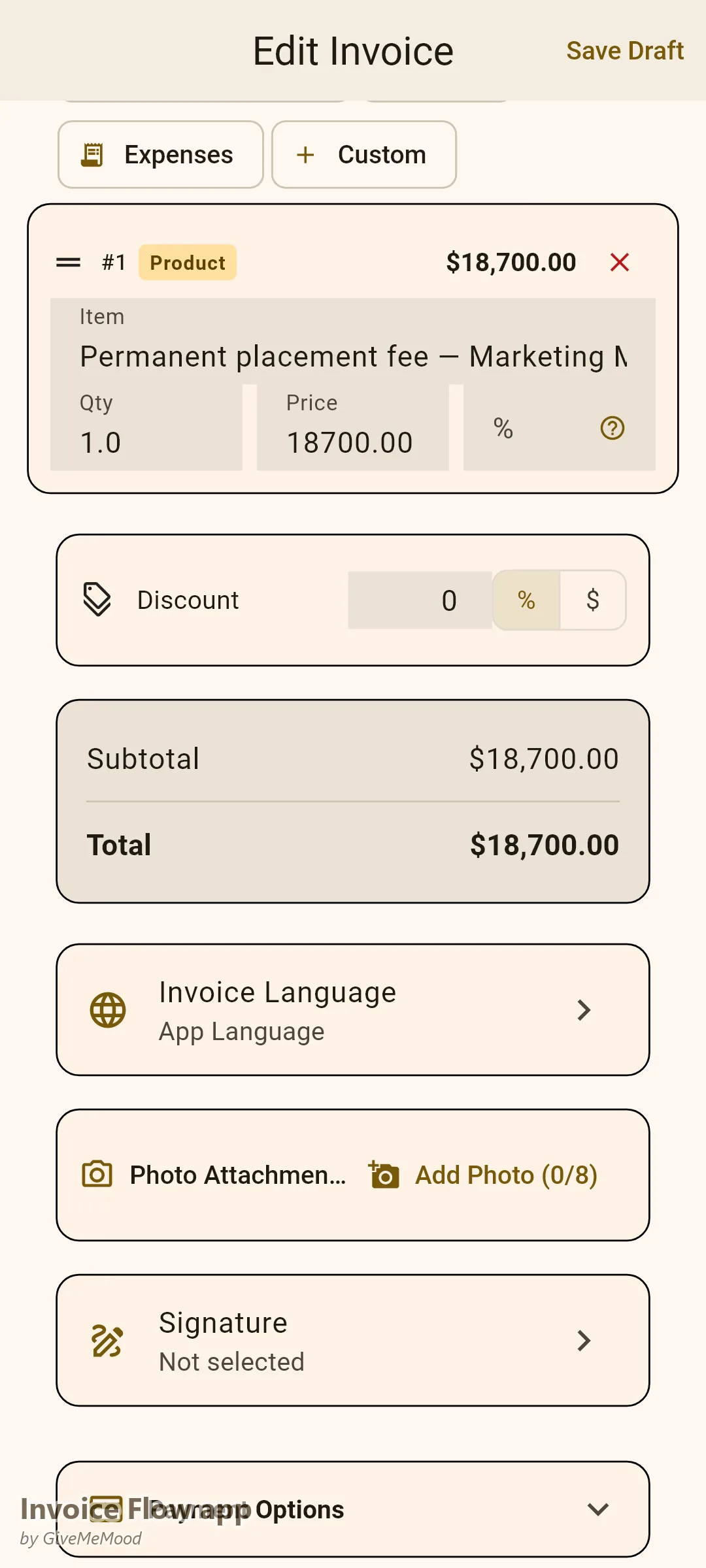 Invoice Flow app invoice editor of a recruiter — a 22% permanent placement fee with candidate start date, salary and a 90-day guarantee period in custom fields