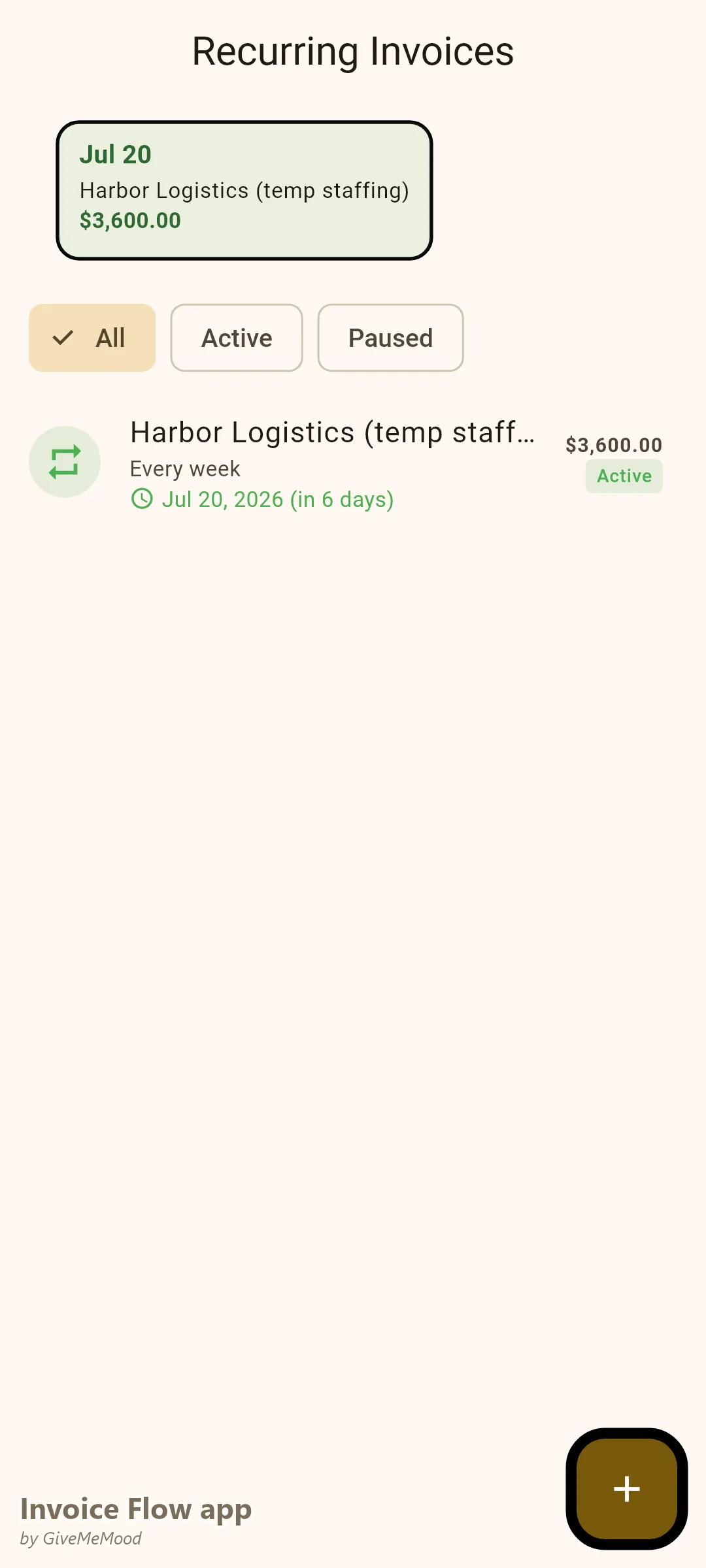 Invoice Flow app recurring invoices of a recruiter — a weekly temp-staffing invoice for warehouse associates by the hour