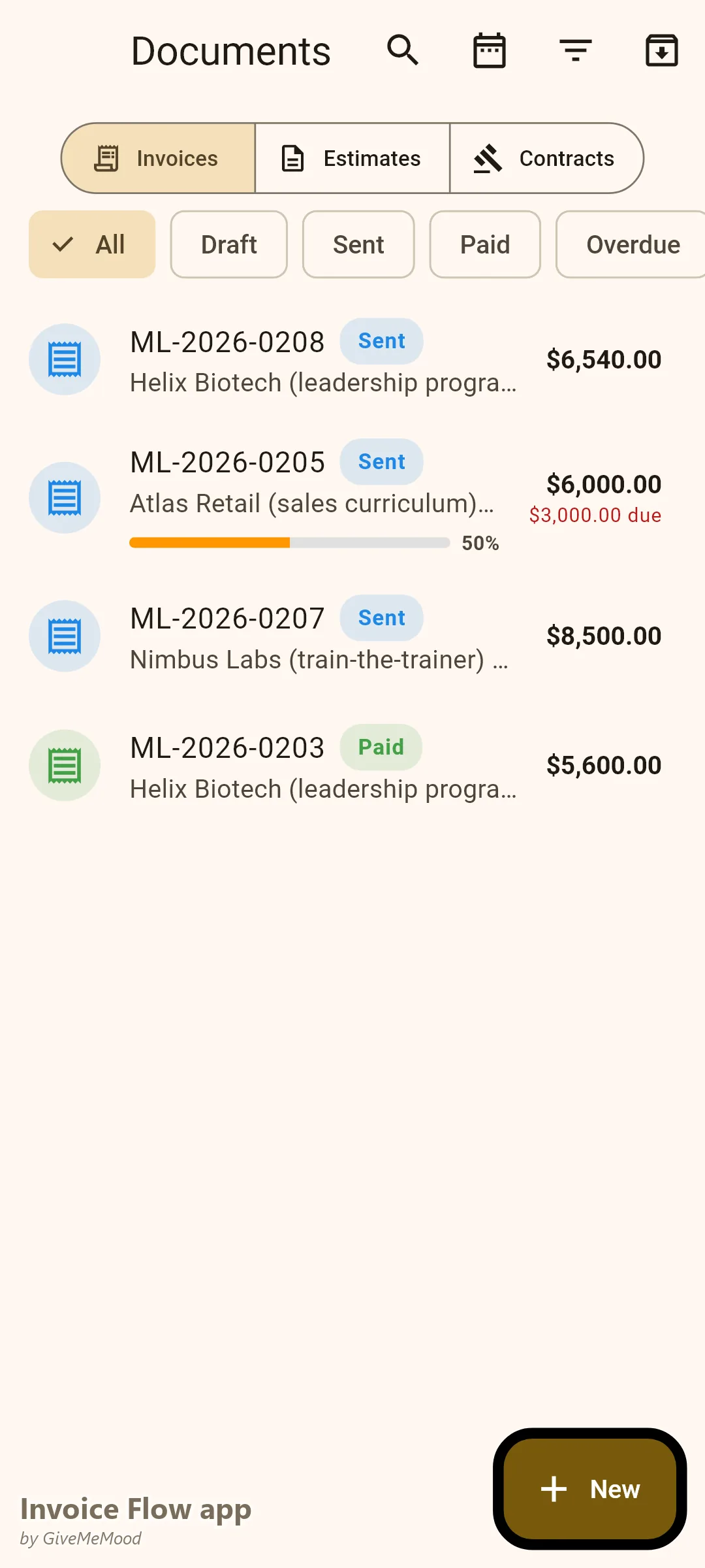 Invoice Flow app documents of a corporate trainer — a workshop delivery, a curriculum development phase on deposit, a train-the-trainer program and a paid workshop