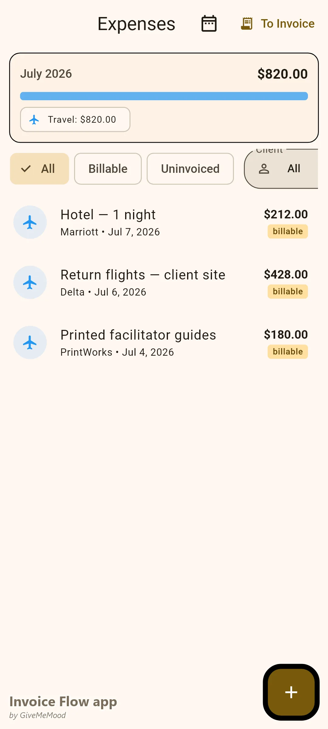 Invoice Flow app expense tracker of a corporate trainer with billable flights, hotel and printed facilitator guides tagged to clients