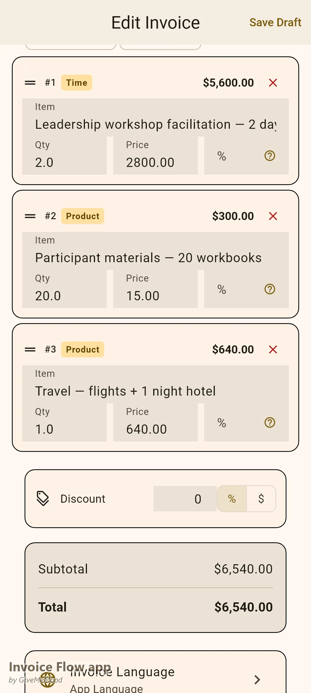 Invoice Flow app invoice editor of a corporate trainer — two-day workshop facilitation at a day rate, participant workbooks and travel with PO, cost centre and vendor number