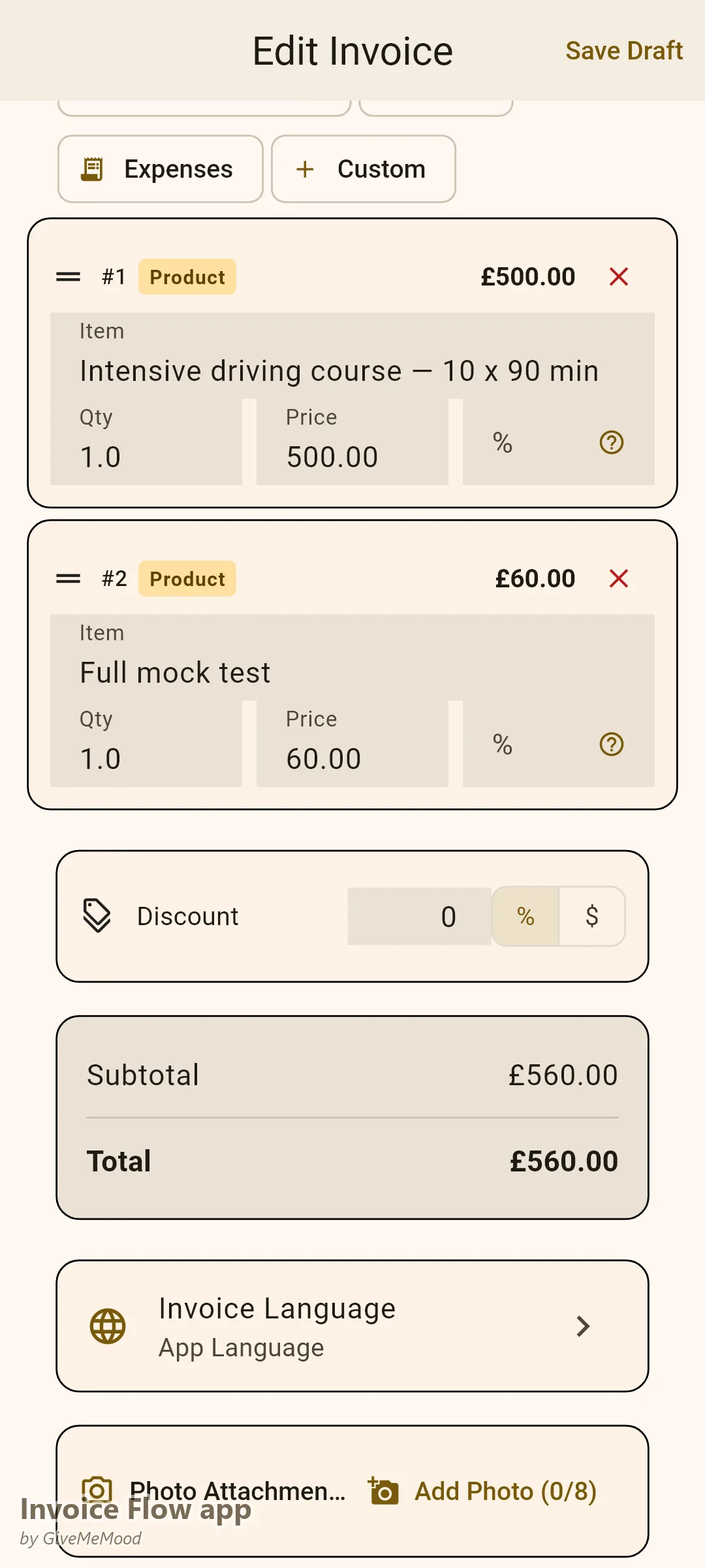Invoice Flow app invoice editor of a driving instructor — a 10-lesson intensive course and a mock test with lessons-logged in custom fields, paid in full